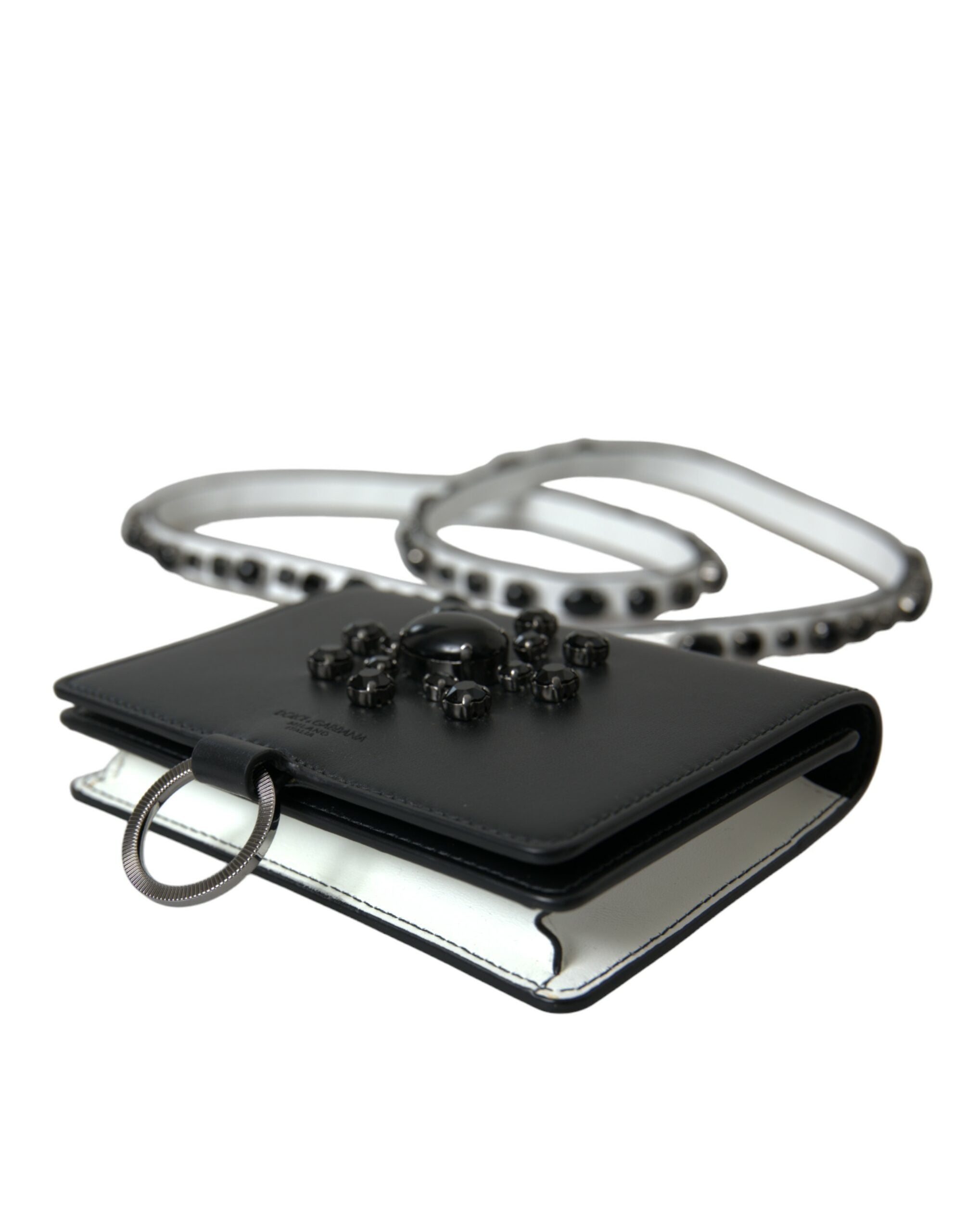 Black White Leather Crystal Embellished Cardholder Wallet - ventzia