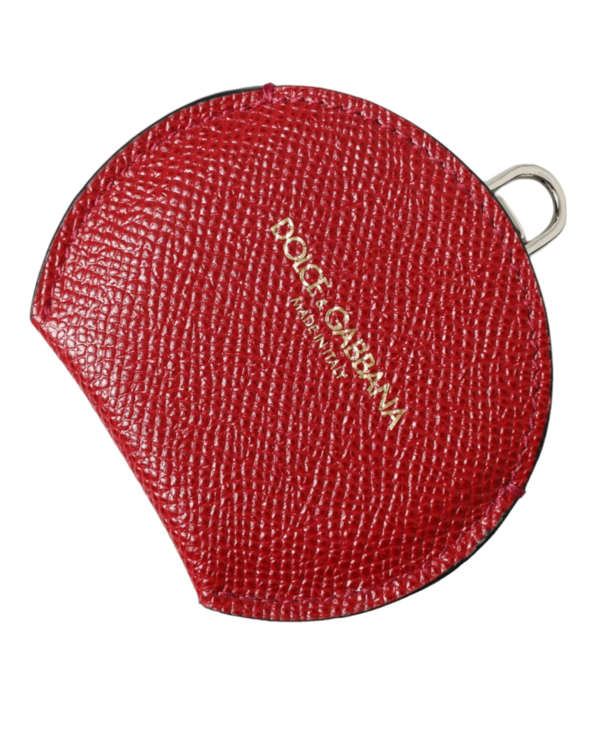 Red Calfskin Leather Round Logo Hand Mirror Holder - ventzia