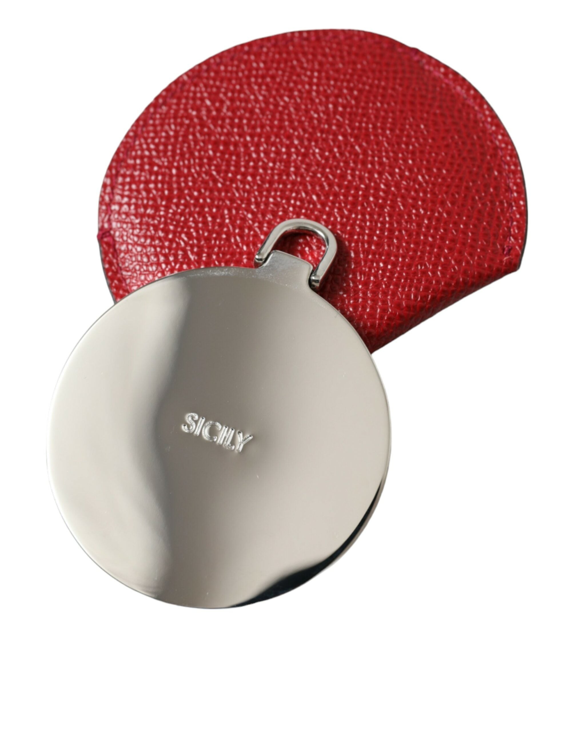 Red Calfskin Leather Round Logo Hand Mirror Holder - ventzia