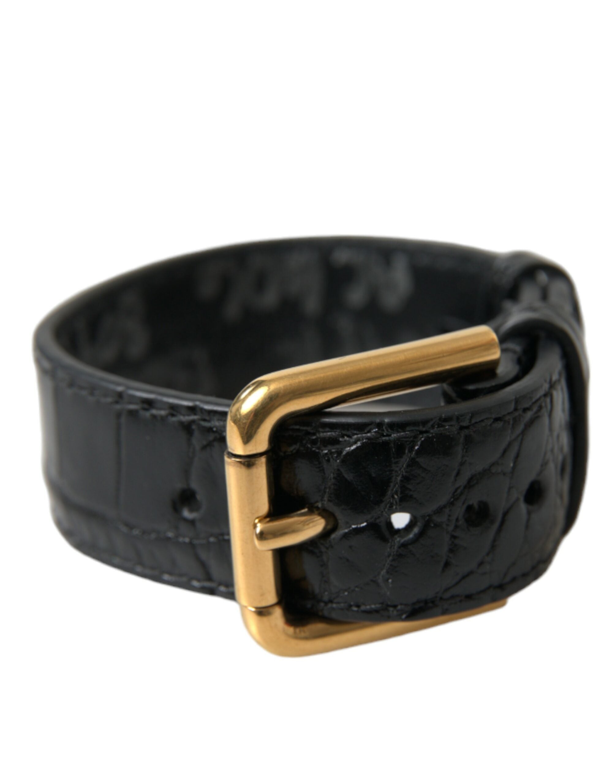 Black Textured Leather Gold Tone Metal Buckle Armband - ventzia
