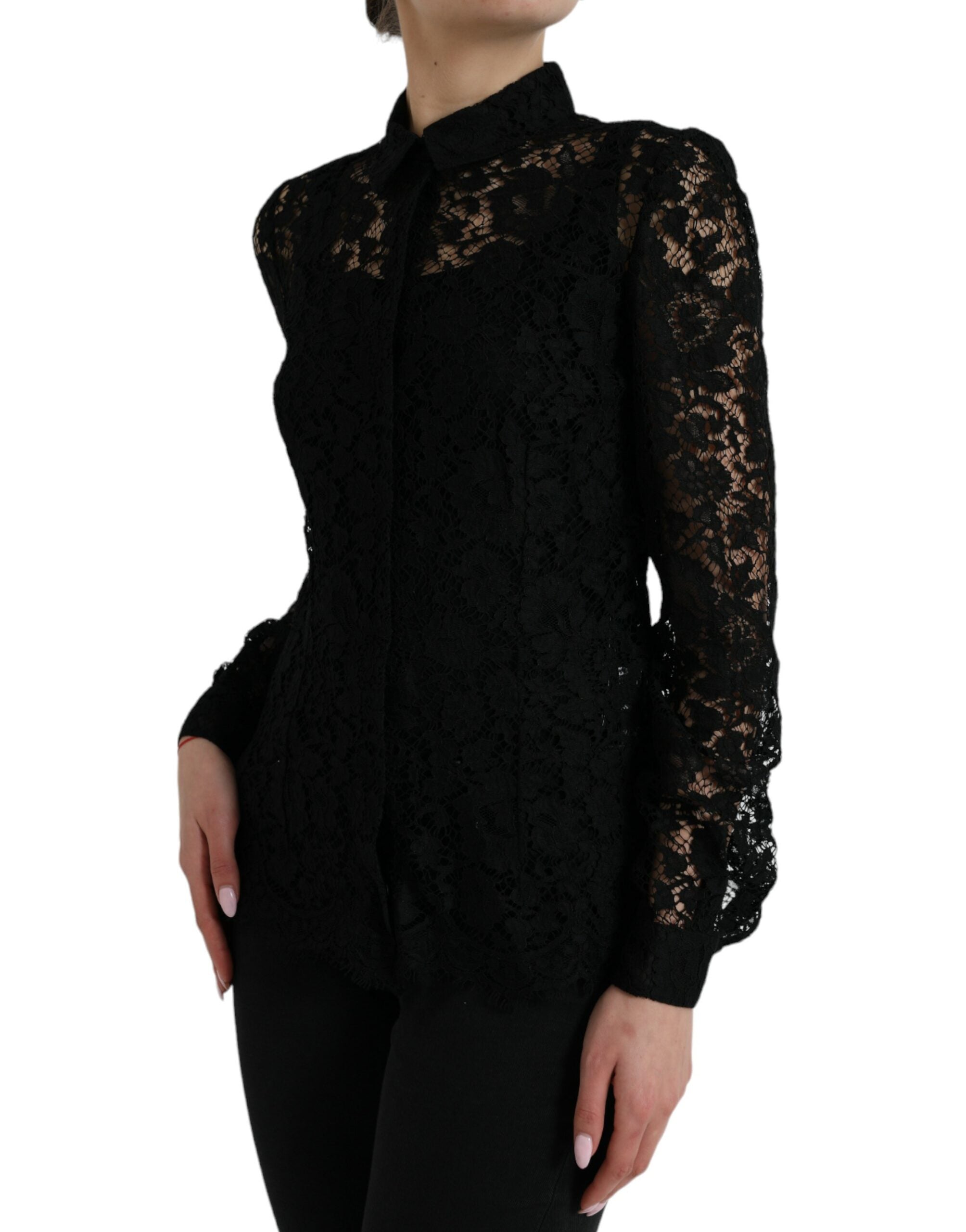 Black Floral Lace Long Sleeves Blouse Top - ventzia