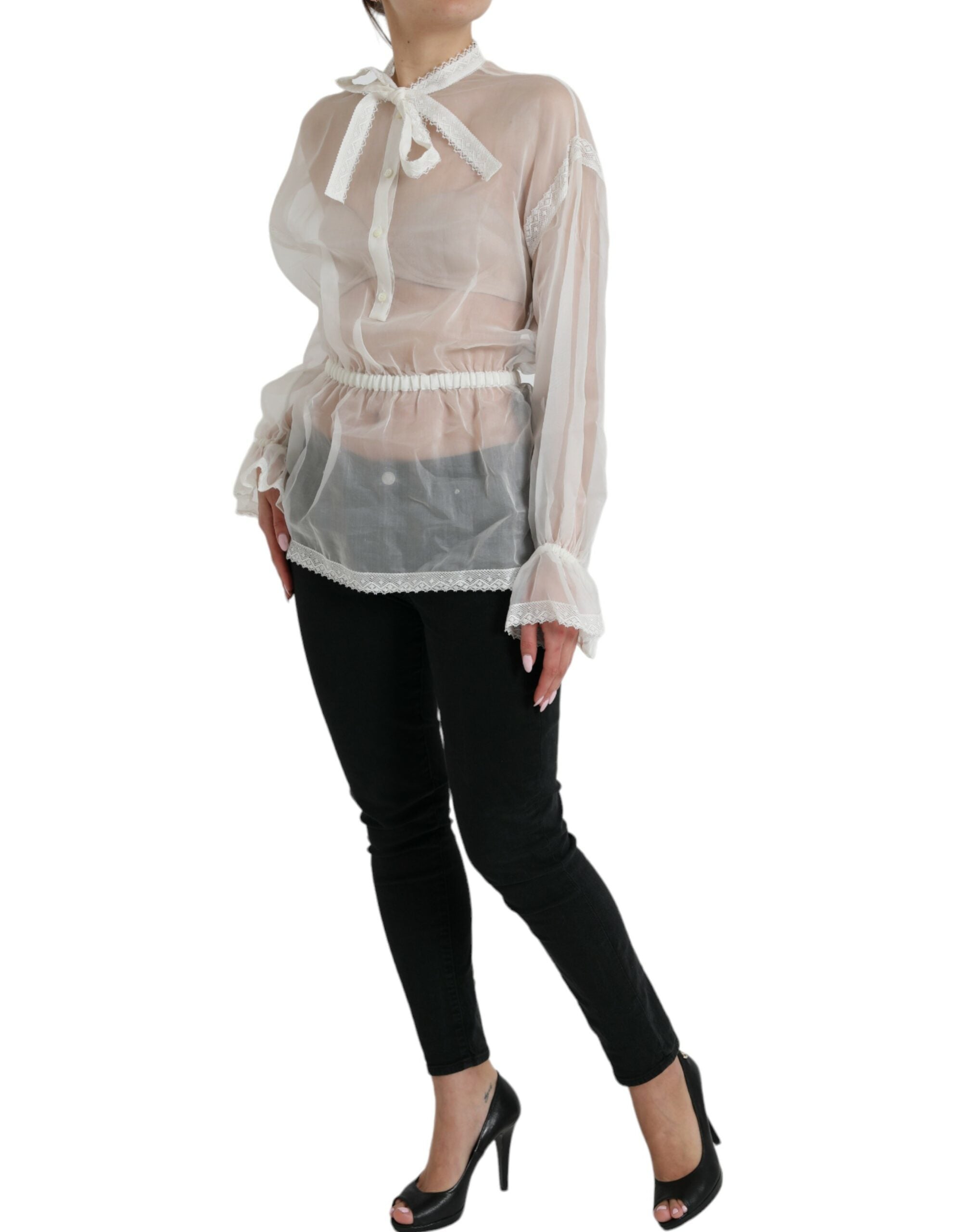 White Silk Long Sleeves Ascot Collar Top - ventzia
