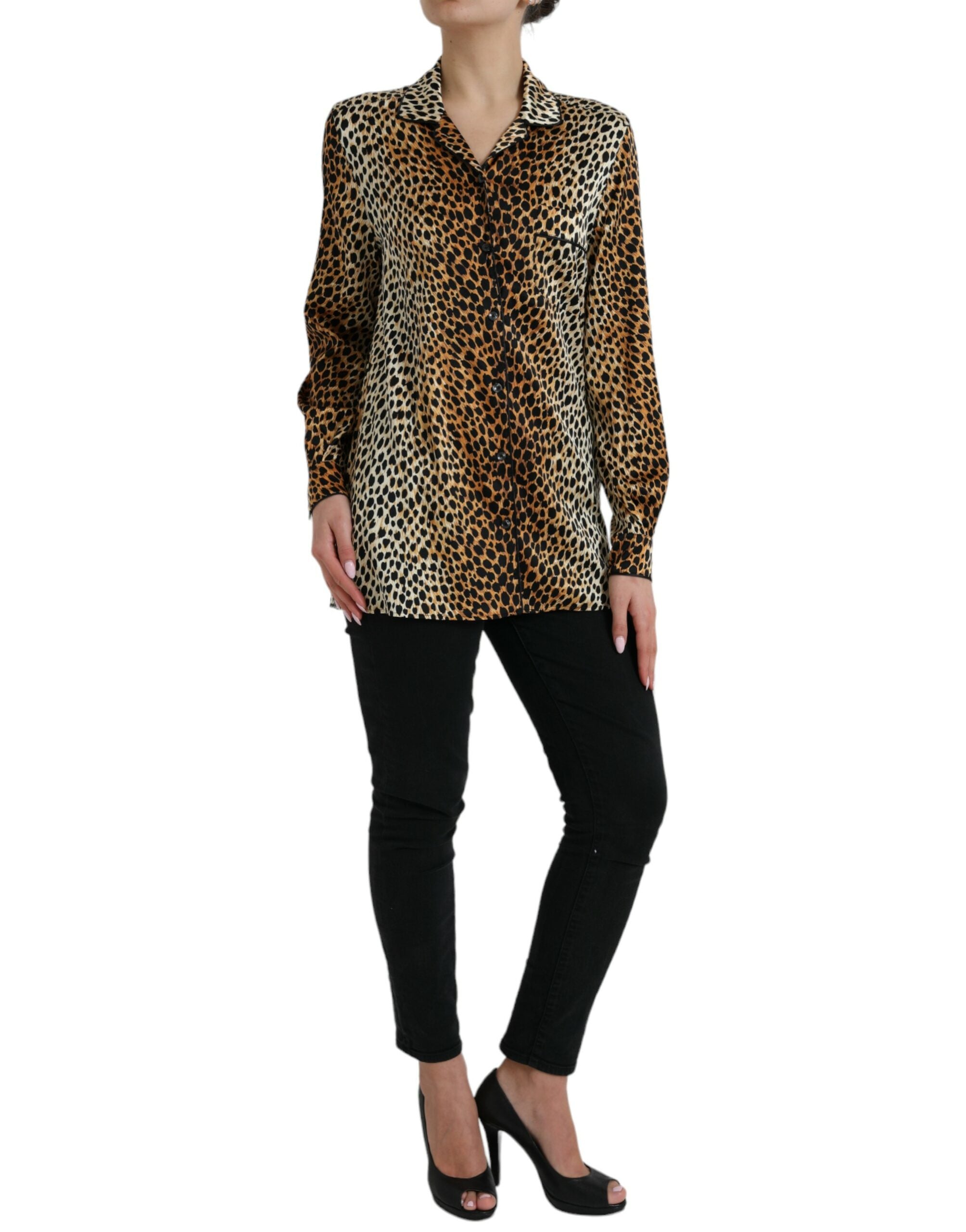 Brown Leopard Print Long Sleeves Blouse Top - ventzia