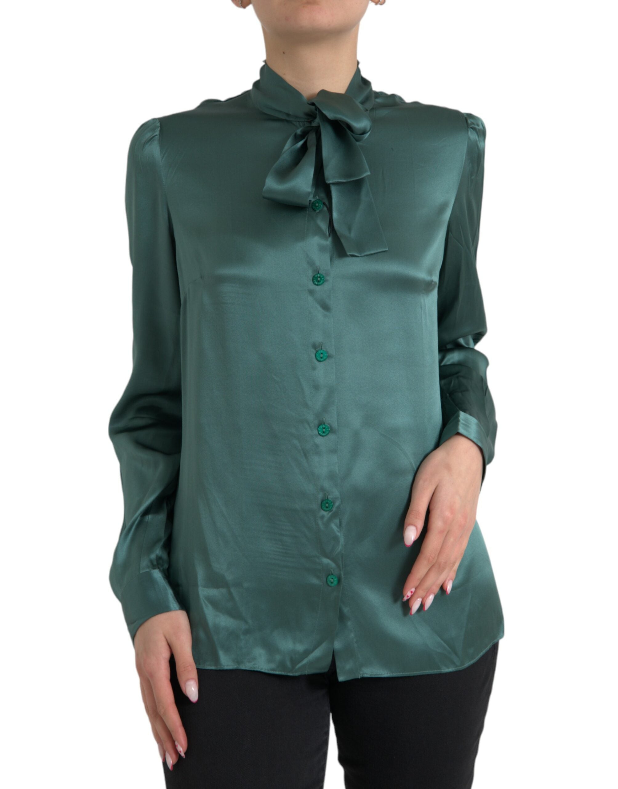 Dark Green Silk Ascot Collar Blouse Top - ventzia