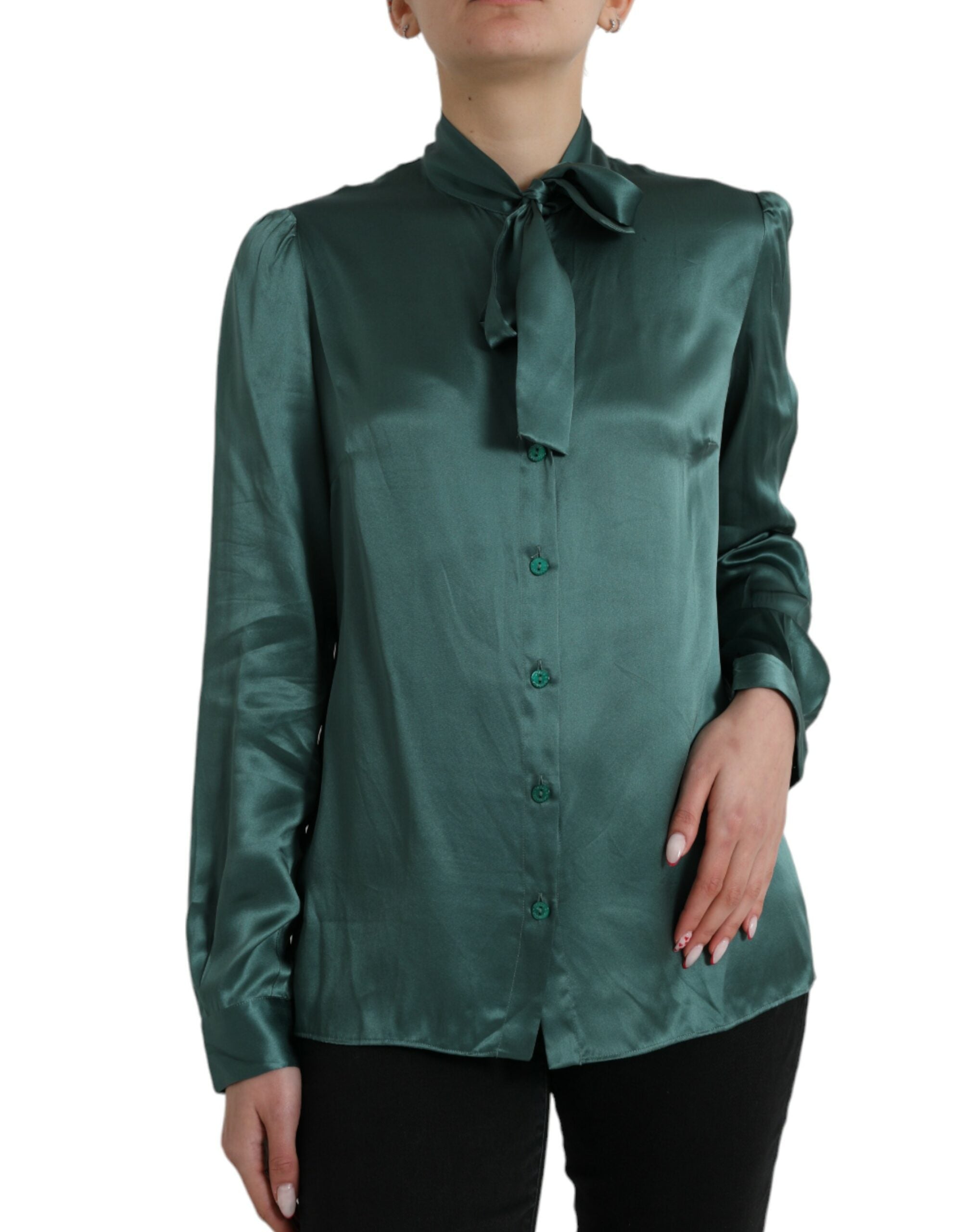 Dark Green Silk Ascot Collar Blouse Top - ventzia