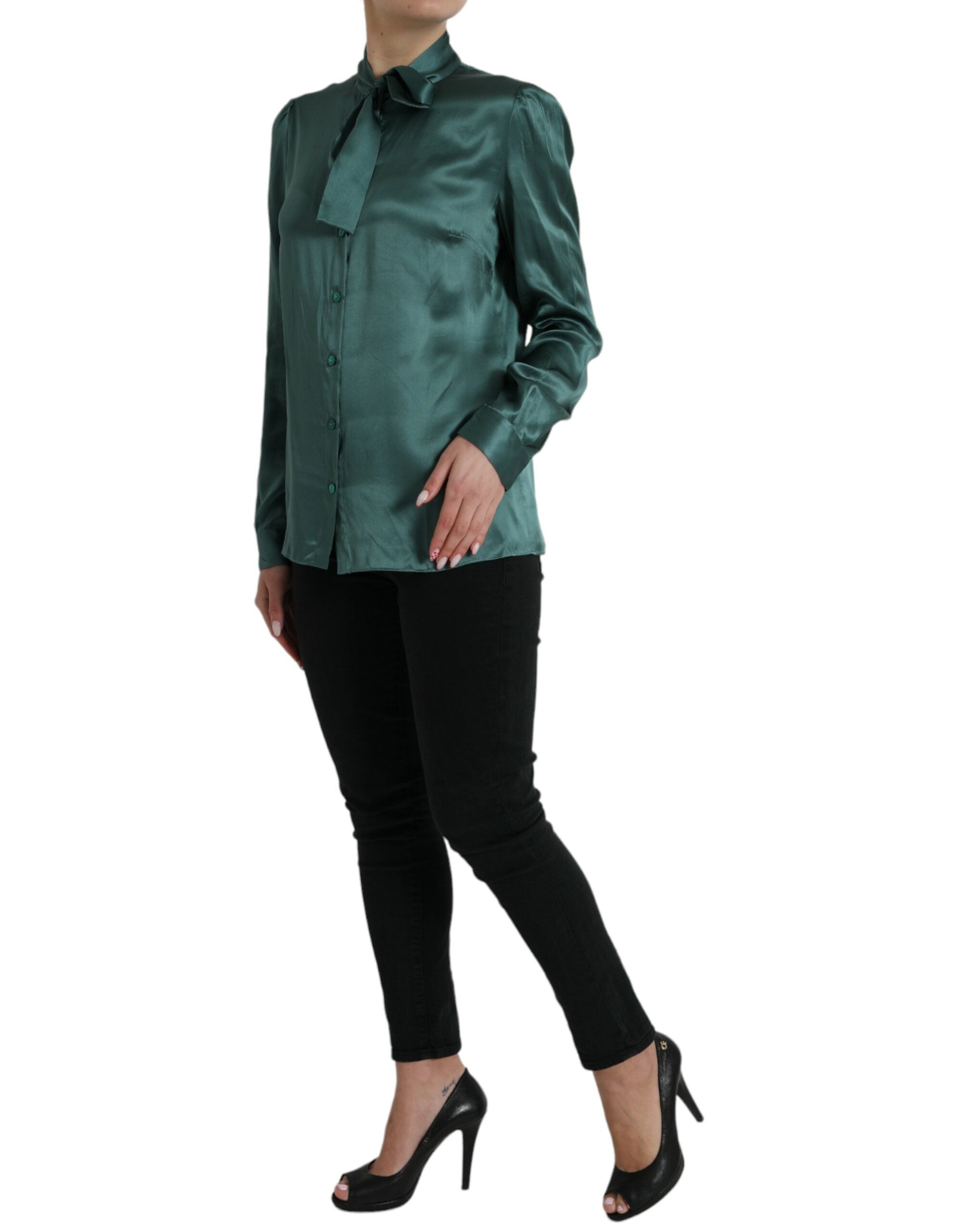 Dark Green Silk Ascot Collar Blouse Top - ventzia
