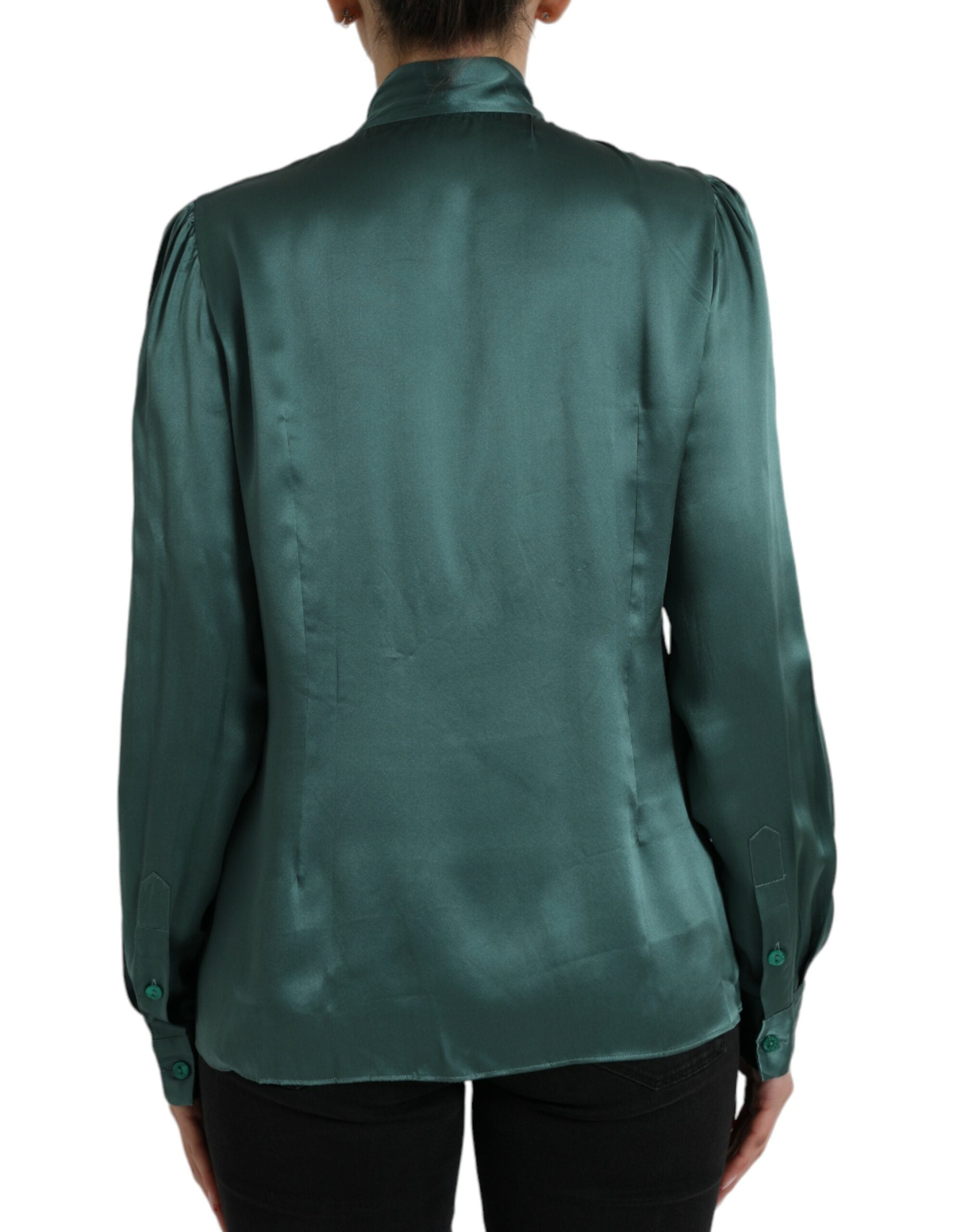 Dark Green Silk Ascot Collar Blouse Top - ventzia