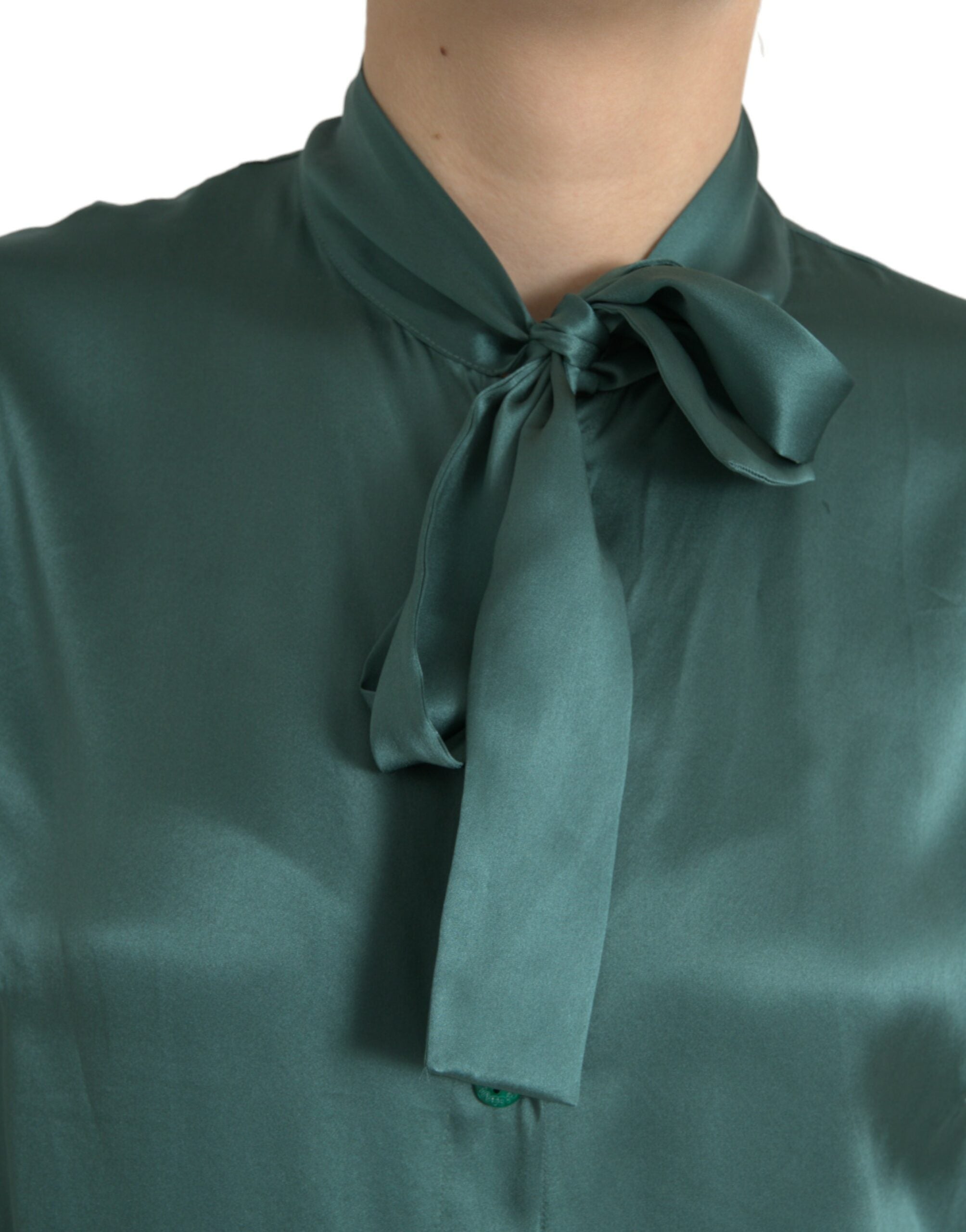 Dark Green Silk Ascot Collar Blouse Top - ventzia