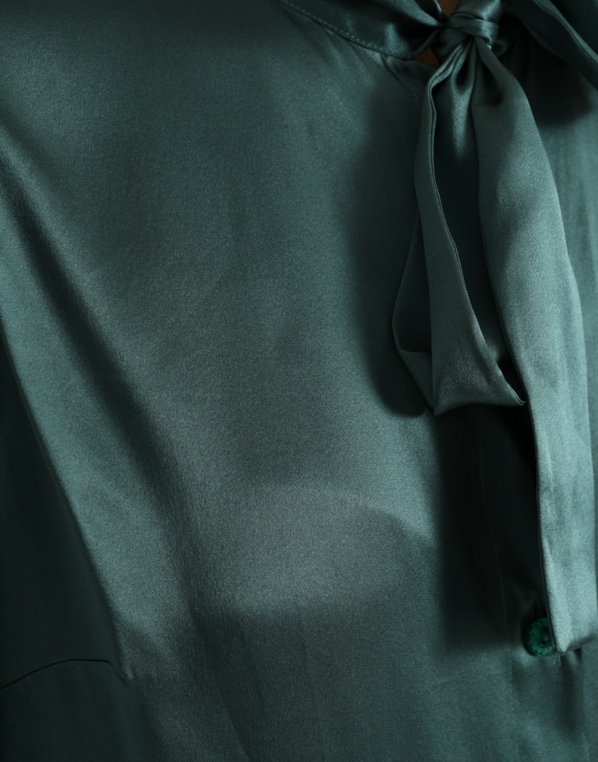 Dark Green Silk Ascot Collar Blouse Top - ventzia