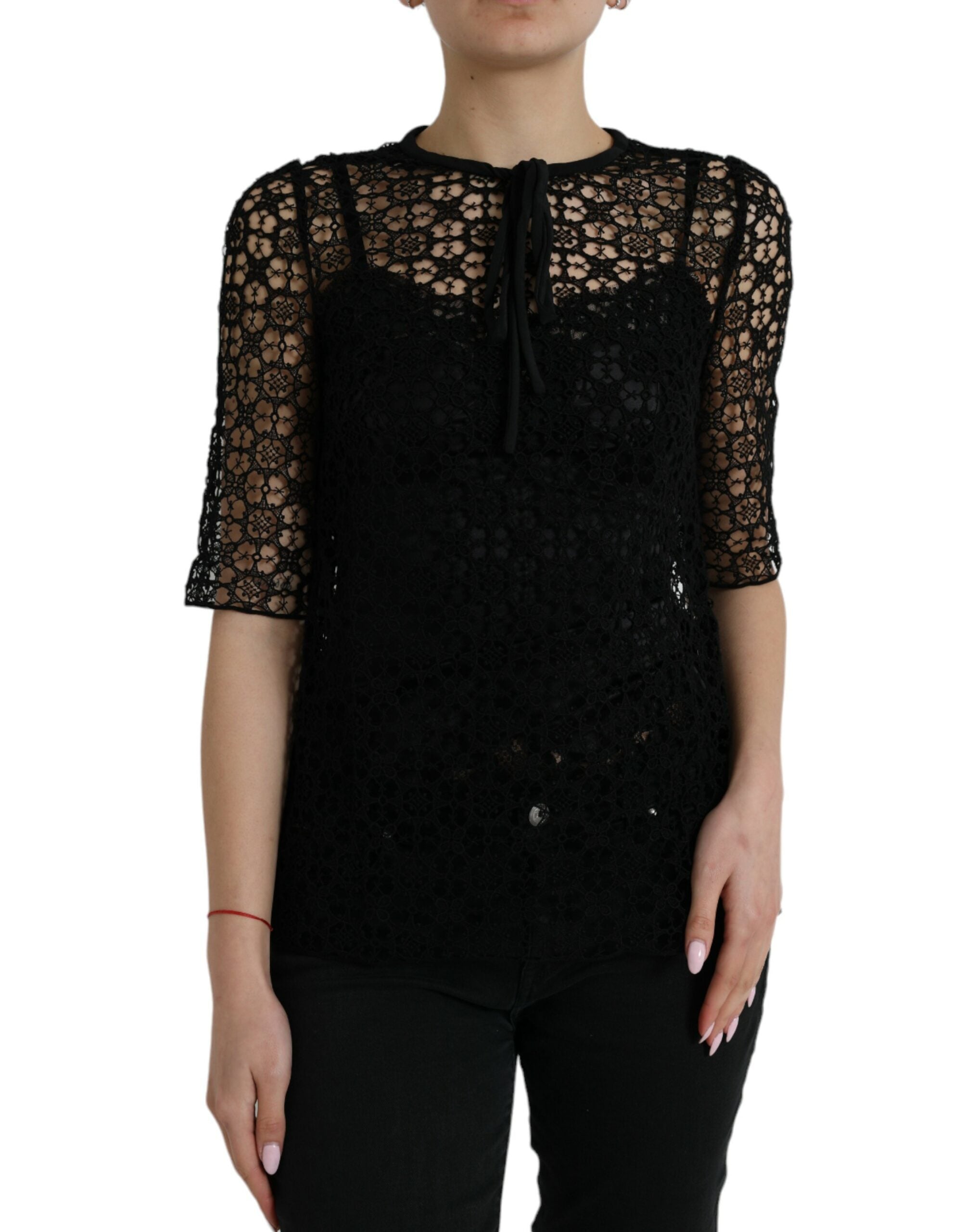 Black Floral Lace Short Sleeves Blouse Top - ventzia