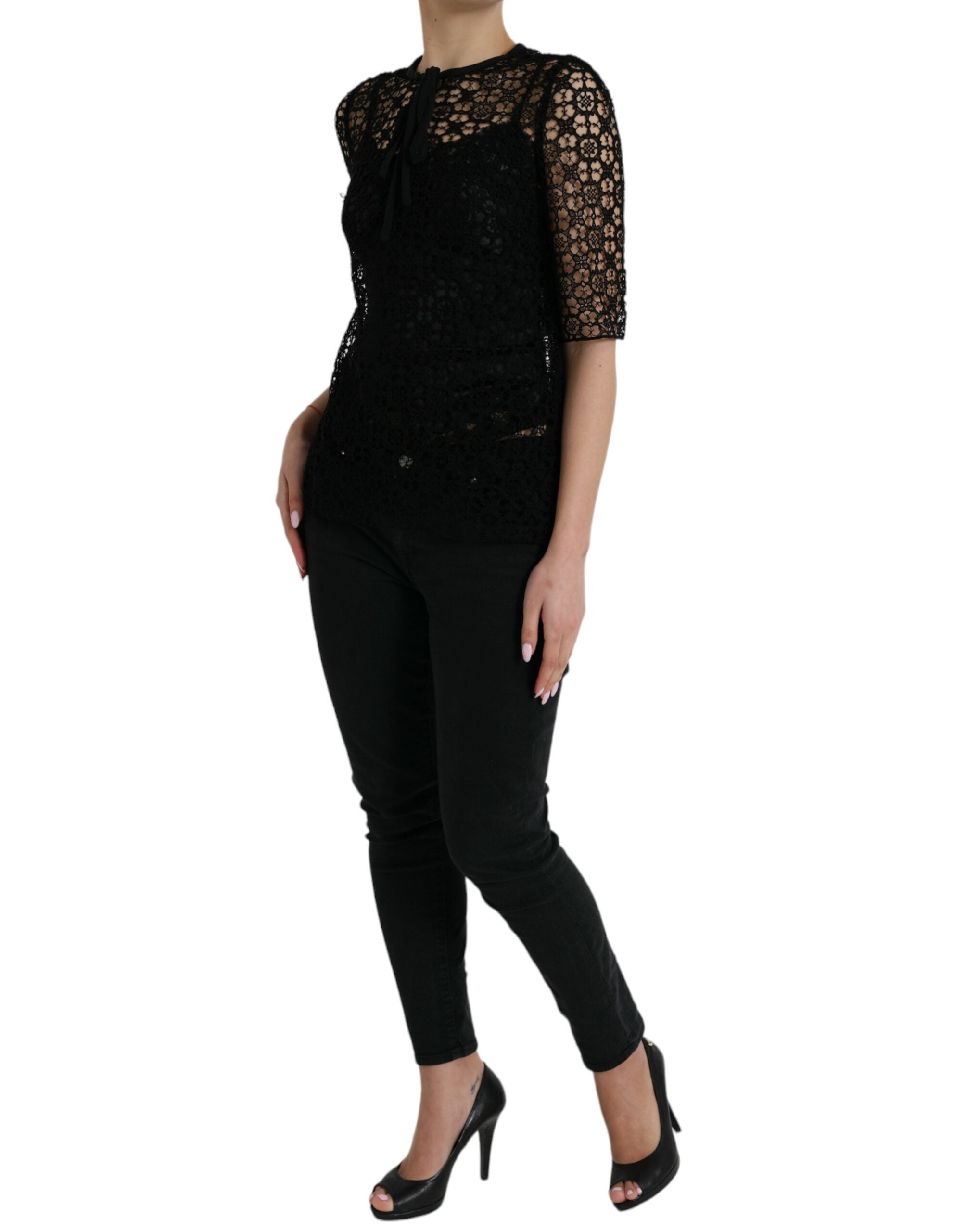 Black Floral Lace Short Sleeves Blouse Top - ventzia