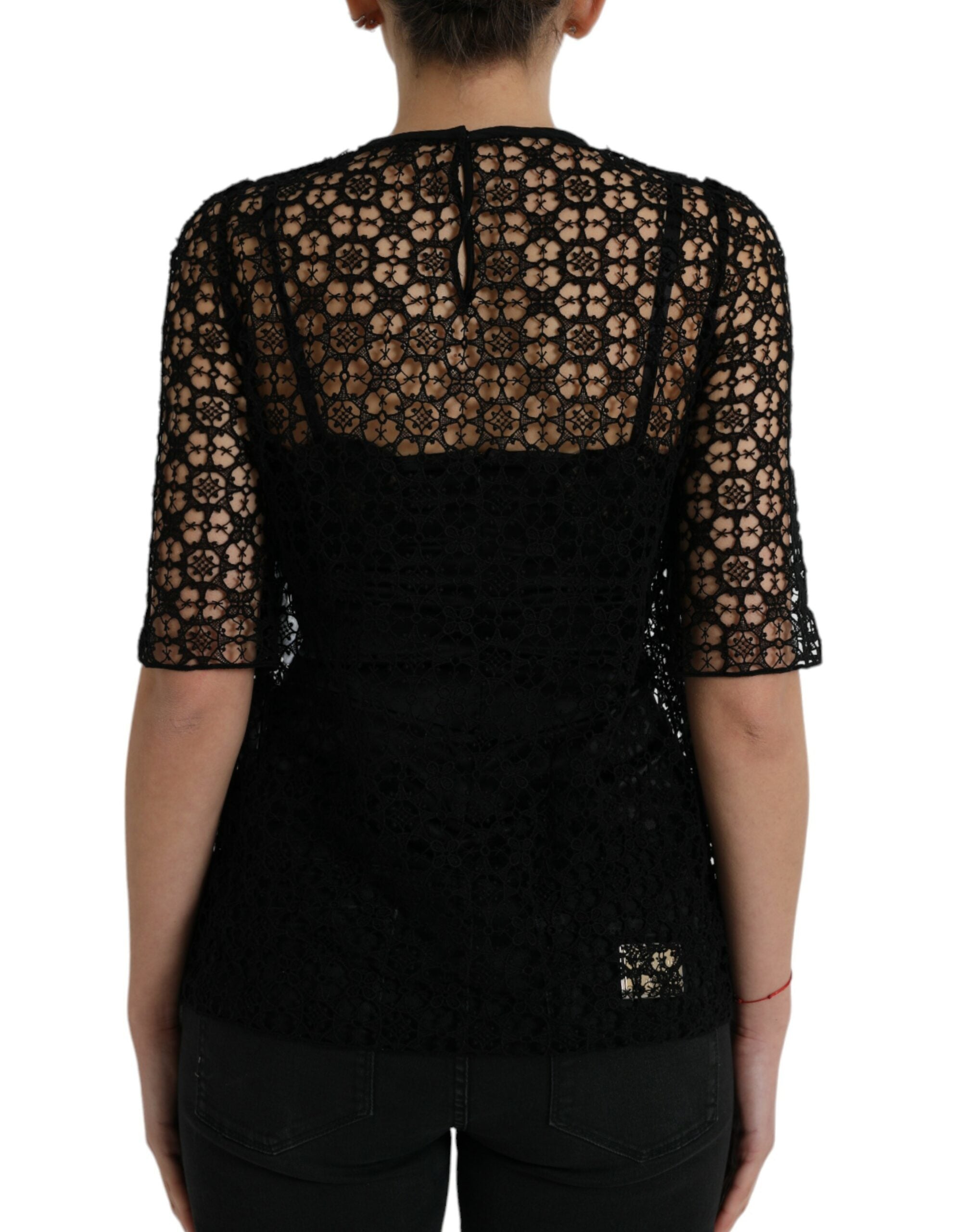 Black Floral Lace Short Sleeves Blouse Top - ventzia