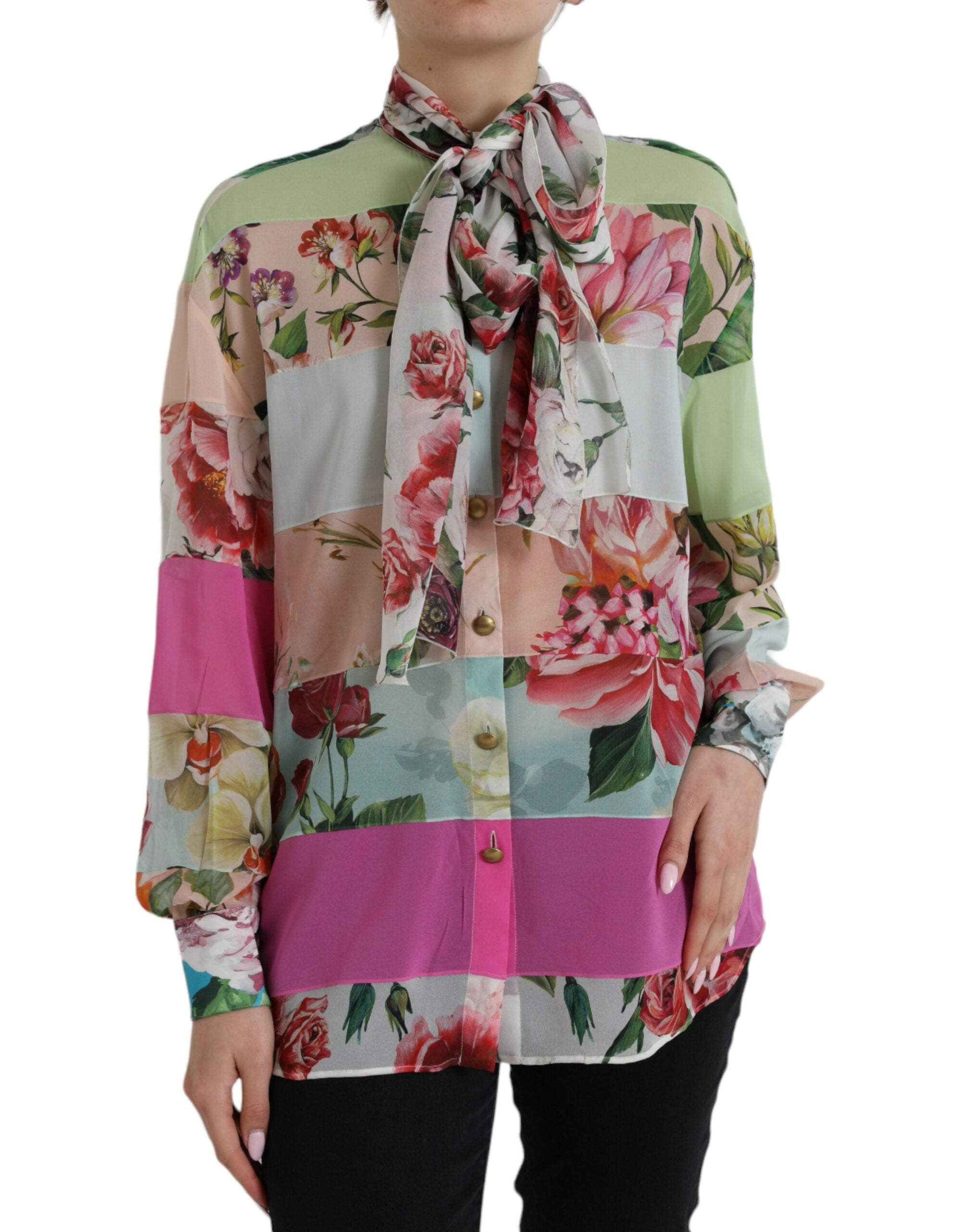 Multicolor Floral Patchwork Ascot Collar Top - ventzia