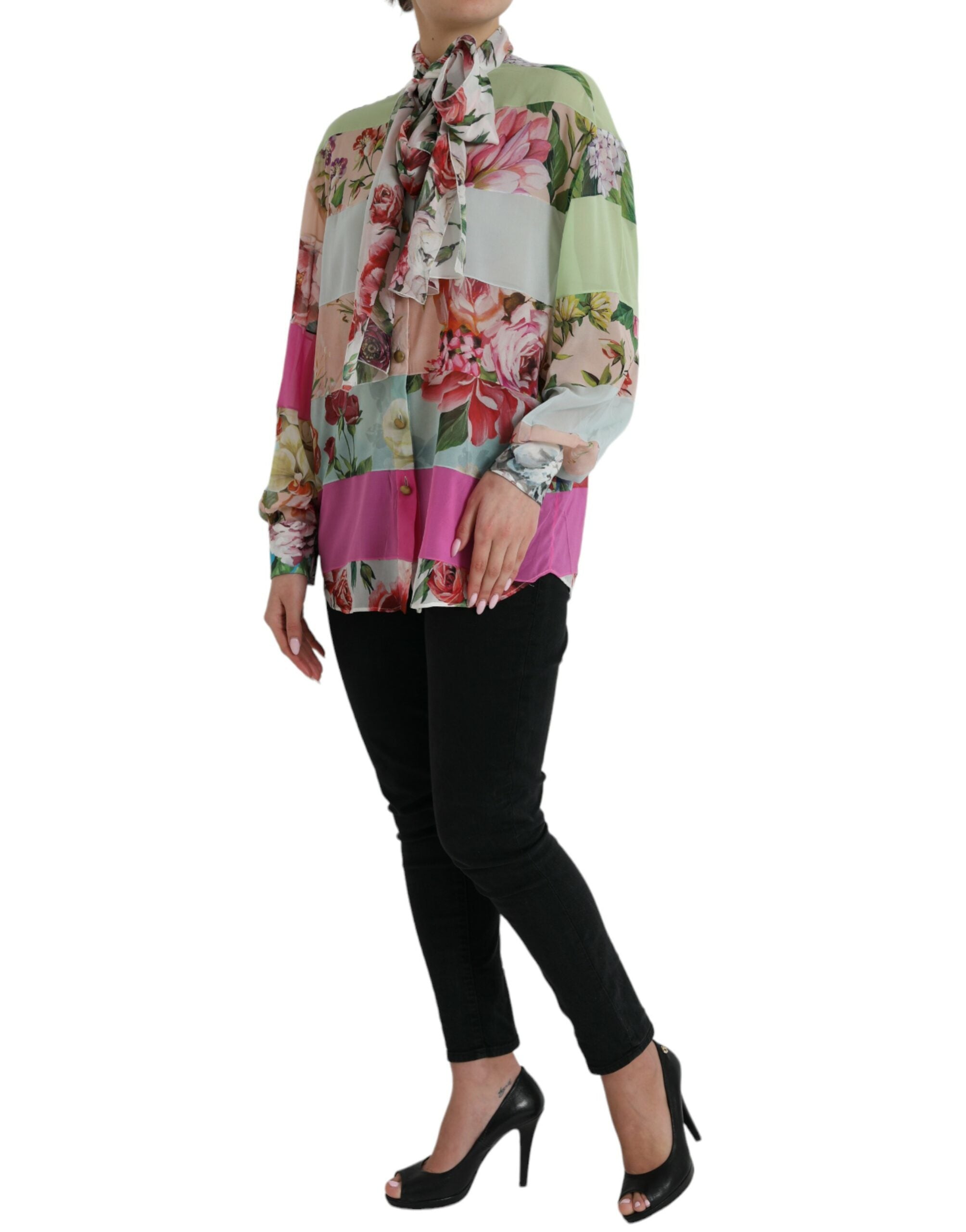 Multicolor Floral Patchwork Ascot Collar Top - ventzia