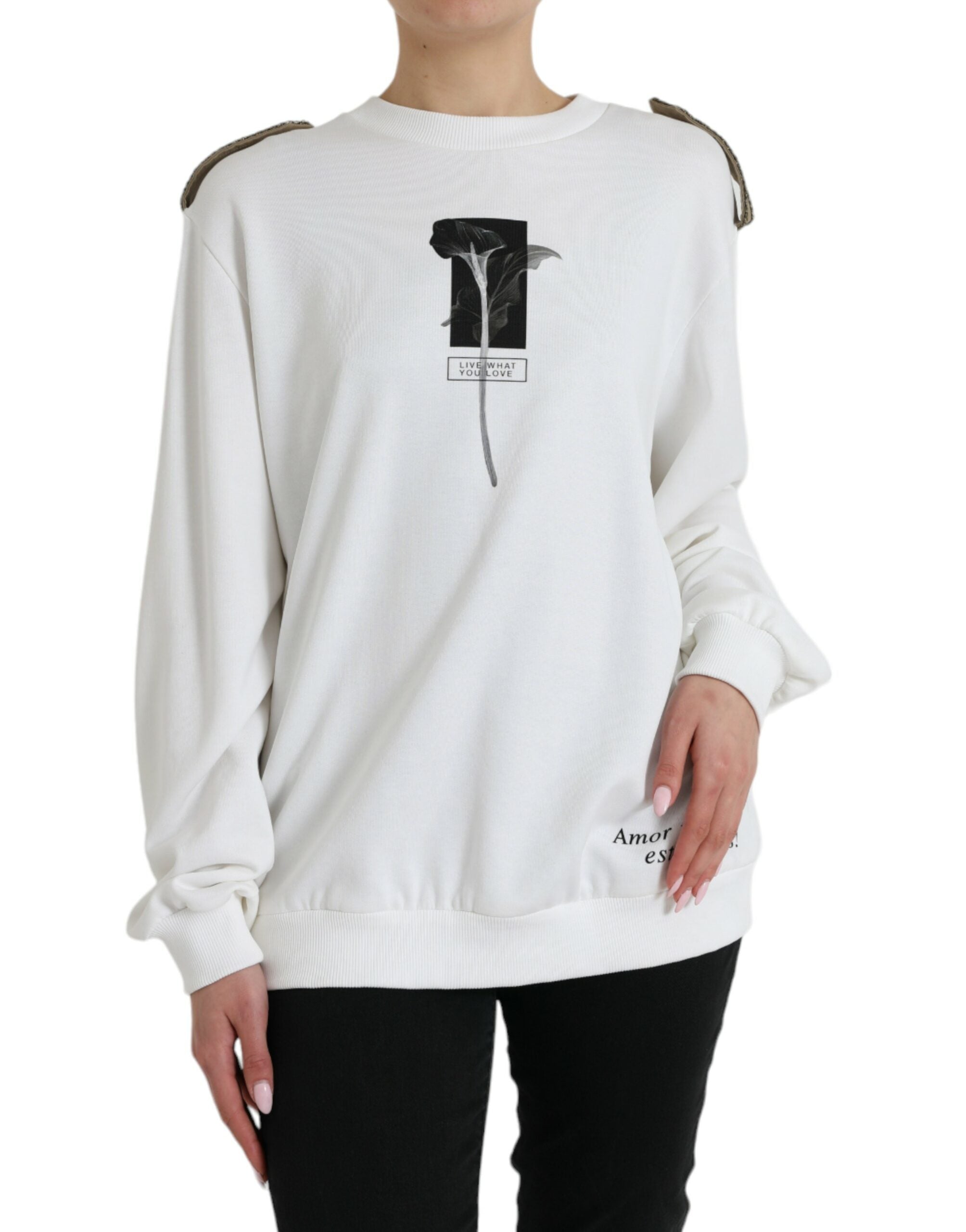 White Floral Cotton Crew Neck Pullover Sweater