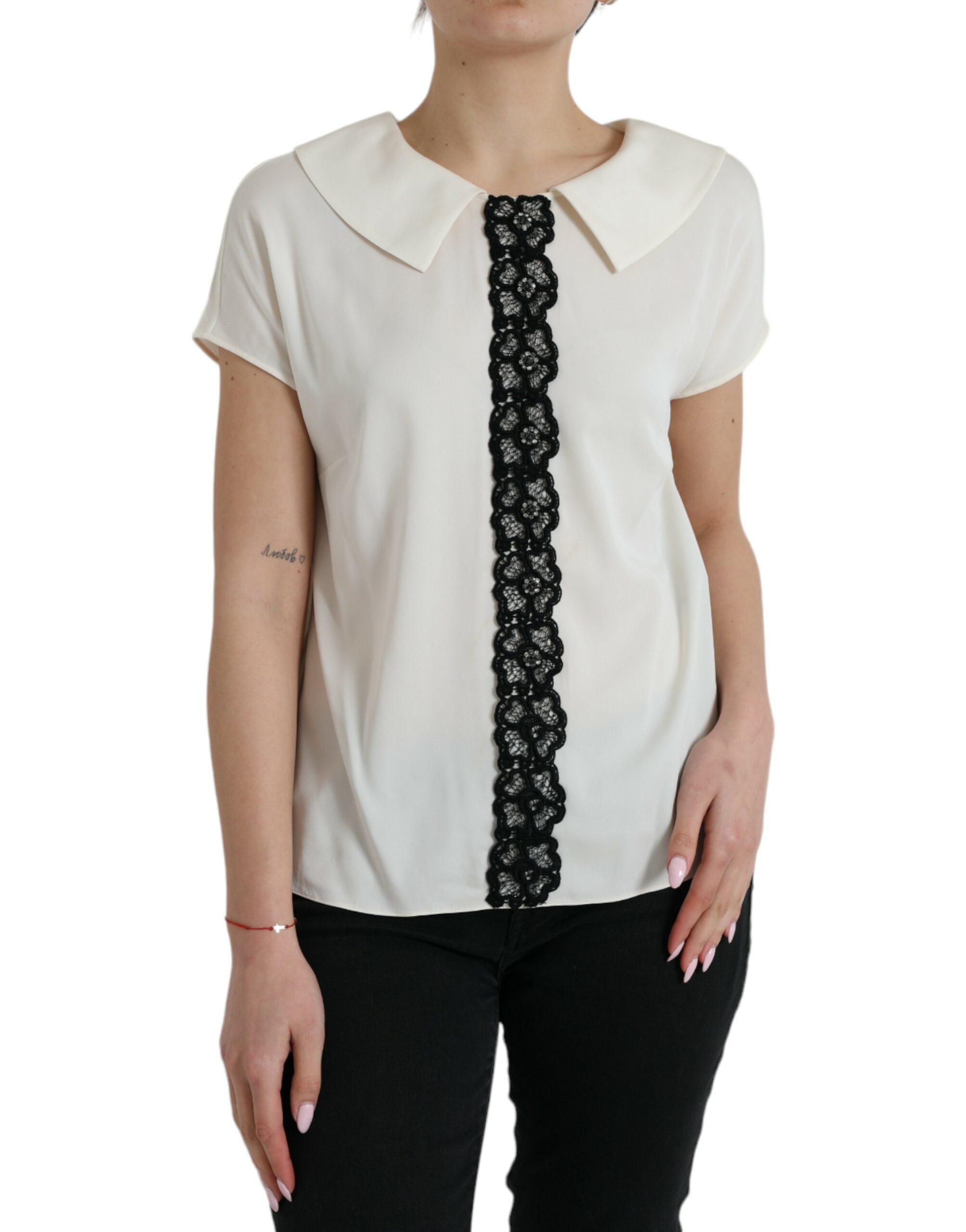 Off White Silk Lace Trim Short Sleeves Top - ventzia