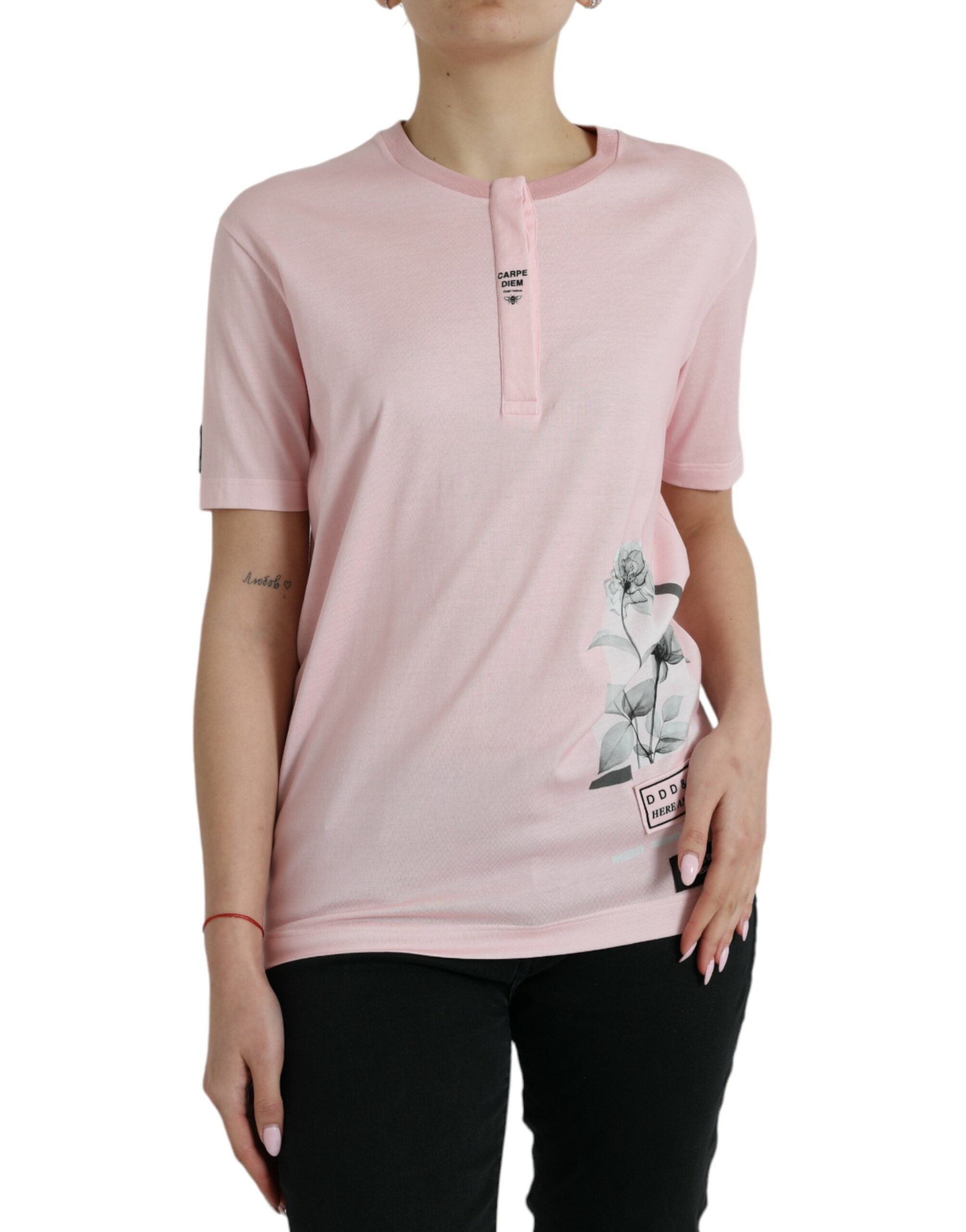 Pink Floral Print Cotton Short Sleeves T-shirt - ventzia