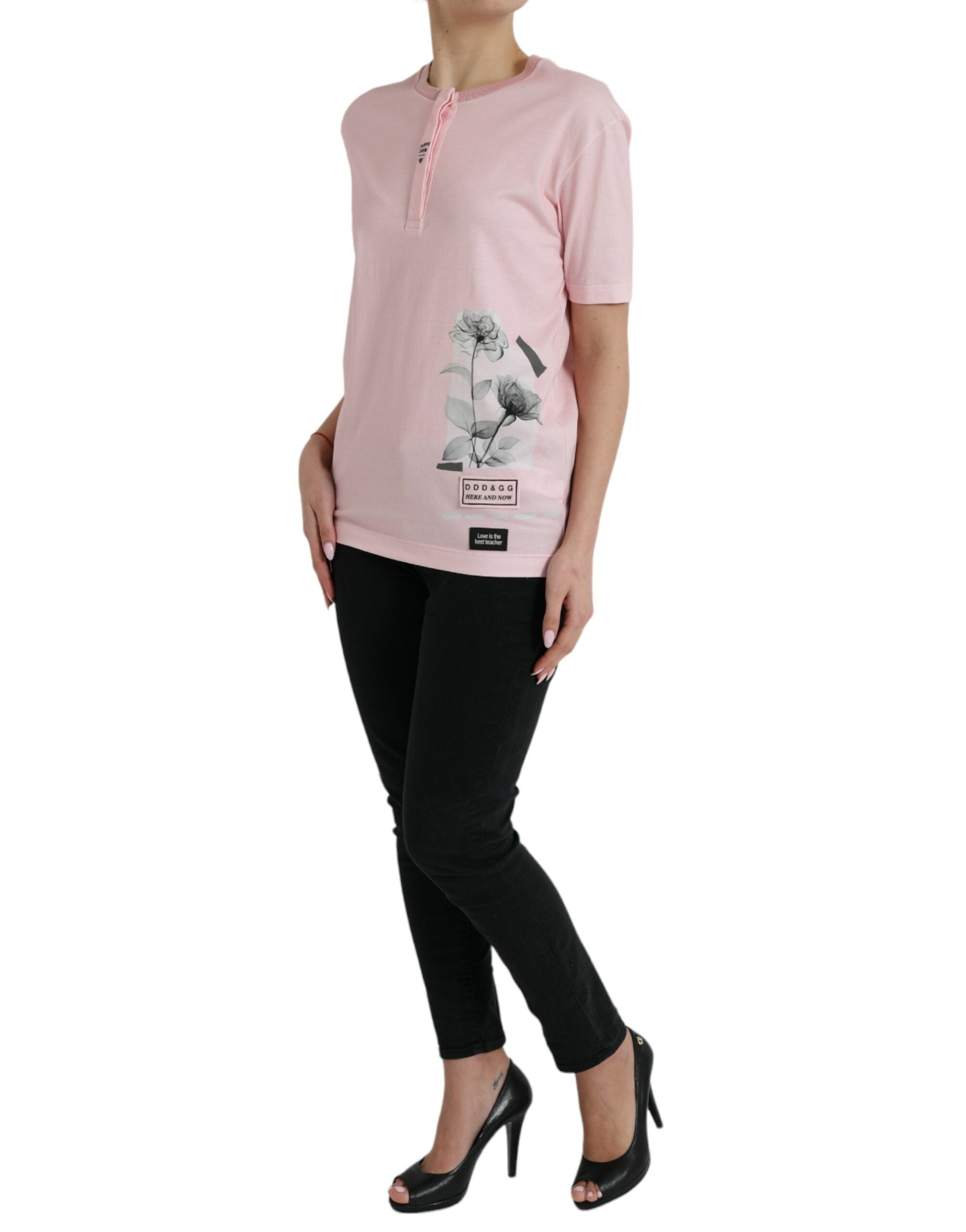 Pink Floral Print Cotton Short Sleeves T-shirt - ventzia