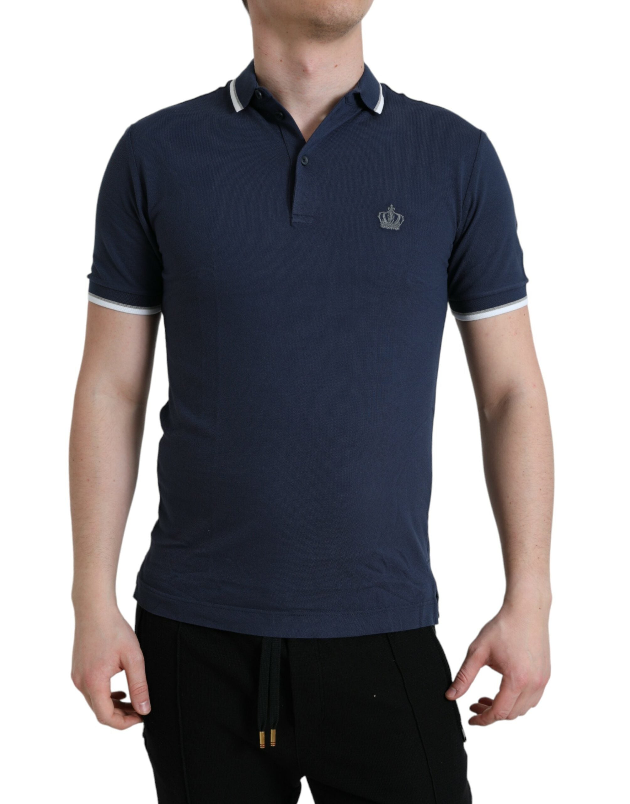 Blue Crown Patch Cotton Collared Men Polo T-shirt - ventzia