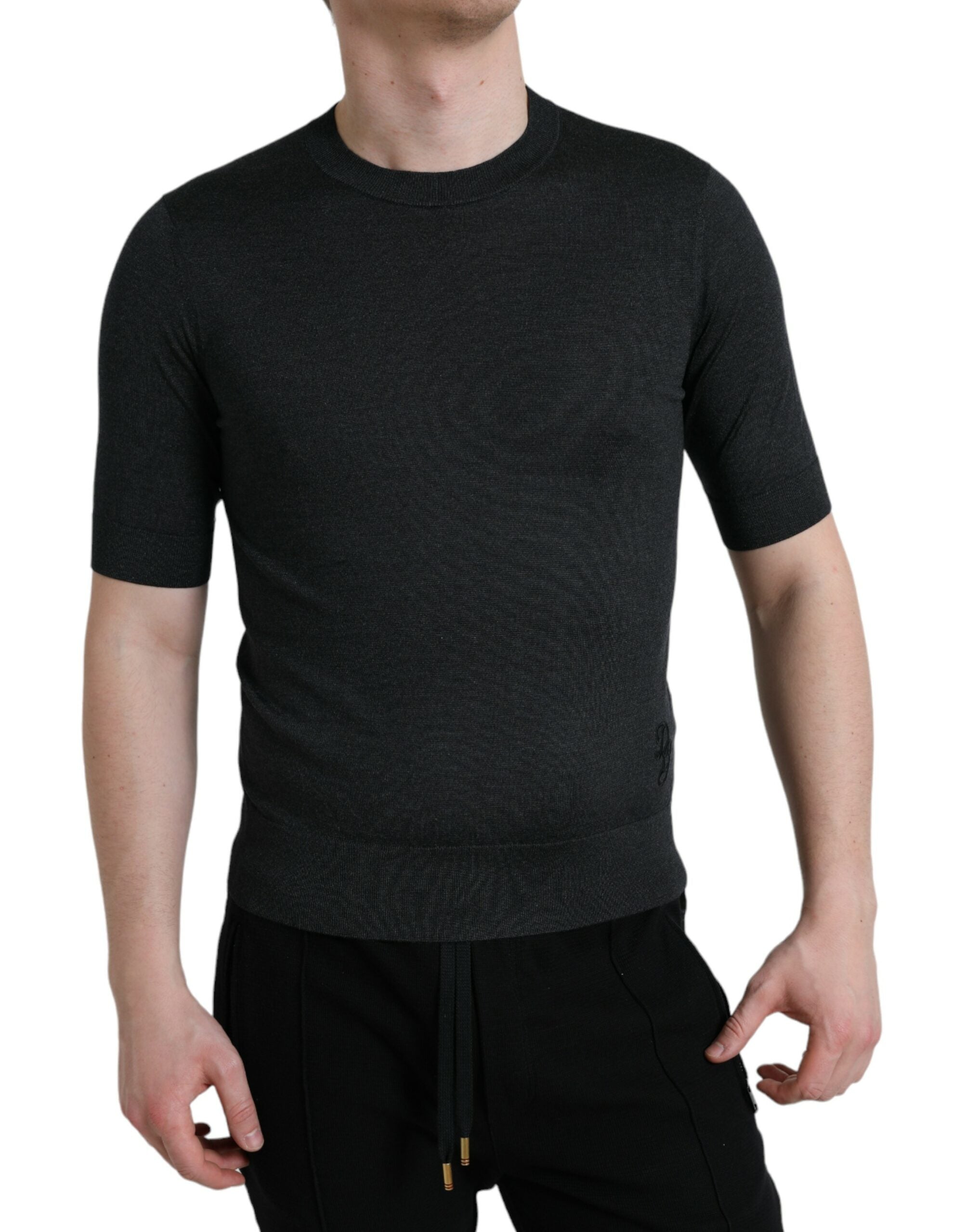 Dark Gray Crew Neck Short Sleeves T-shirt - ventzia
