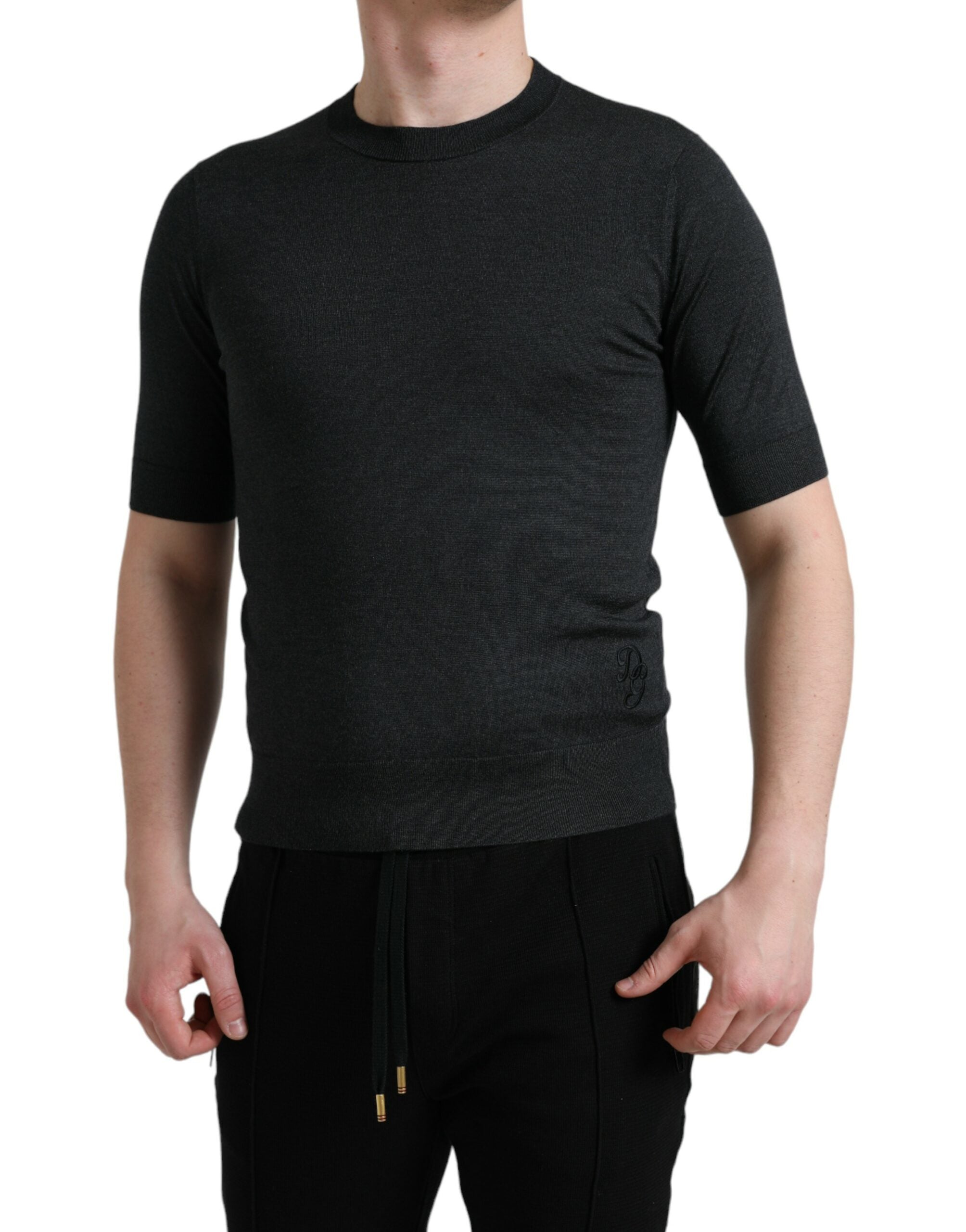 Dark Gray Crew Neck Short Sleeves T-shirt - ventzia