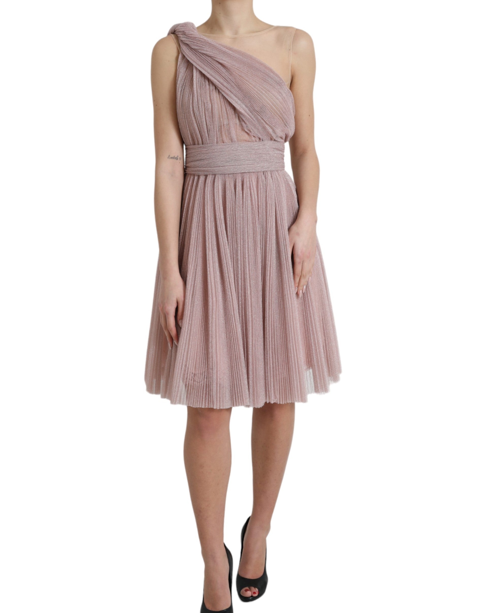 Light Lilac Pleated Lame Tulle One Shoulder Dress - ventzia