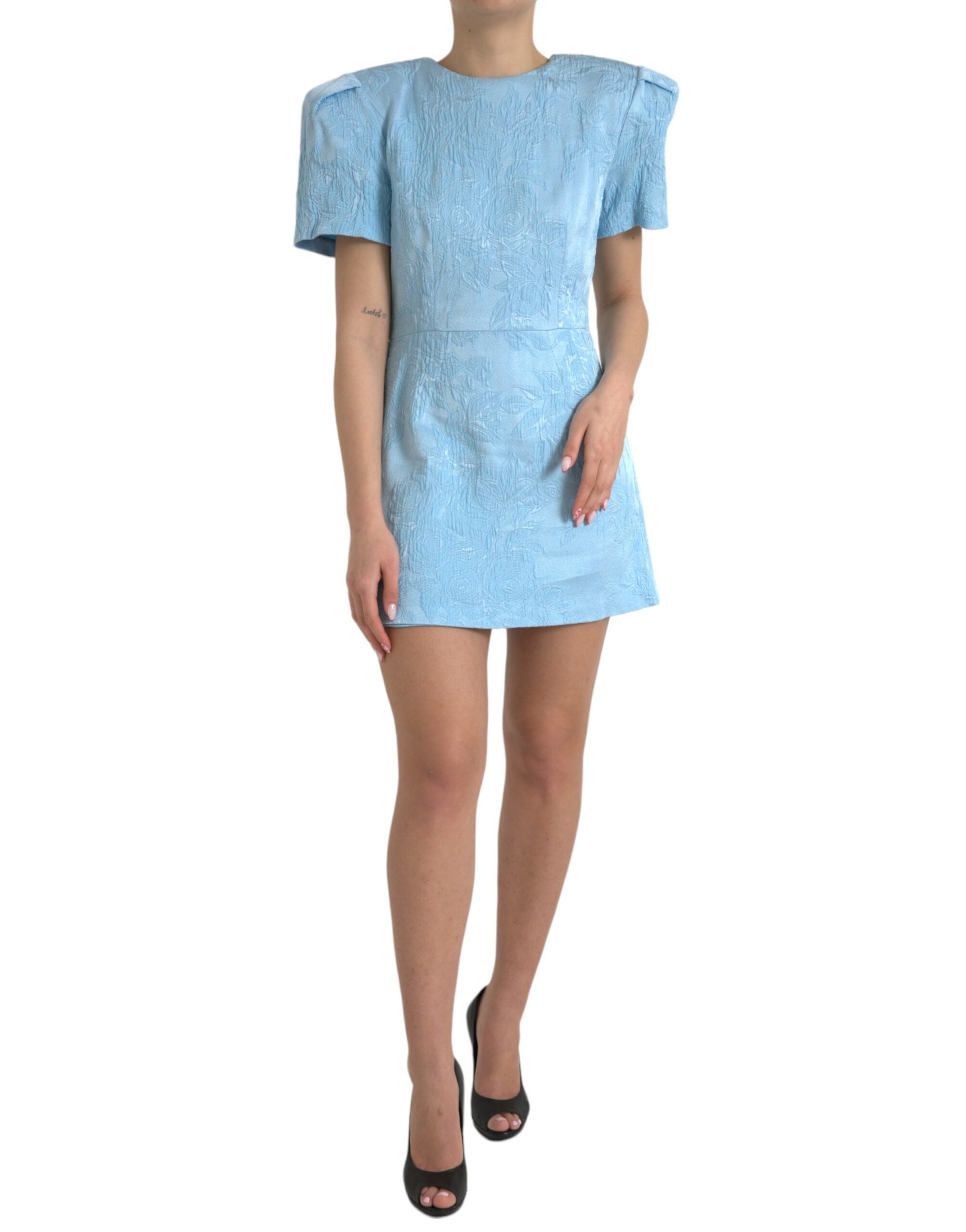 Light Blue Floral Jacquard Puff Sleeve Mini Dress - ventzia