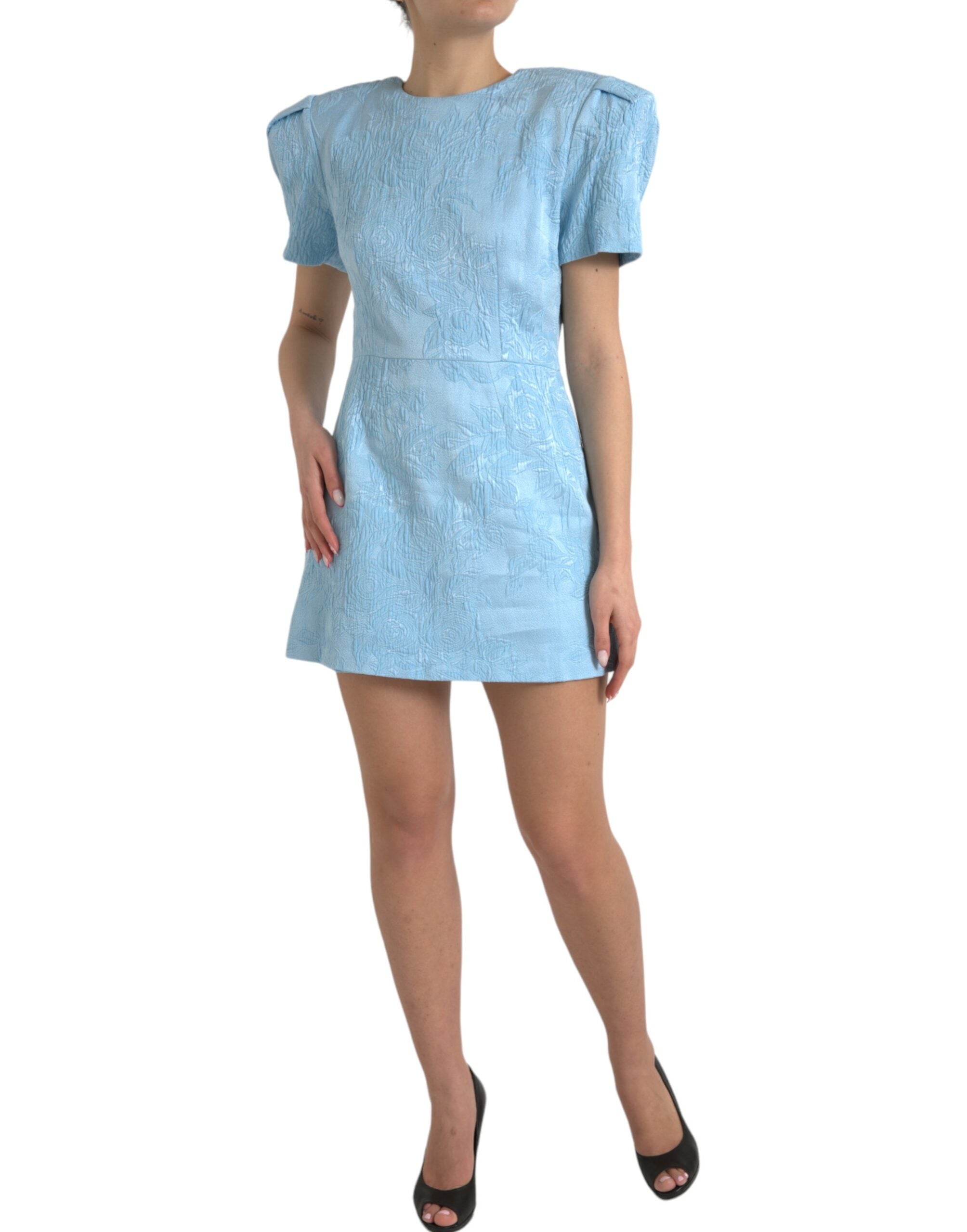 Light Blue Floral Jacquard Puff Sleeve Mini Dress - ventzia