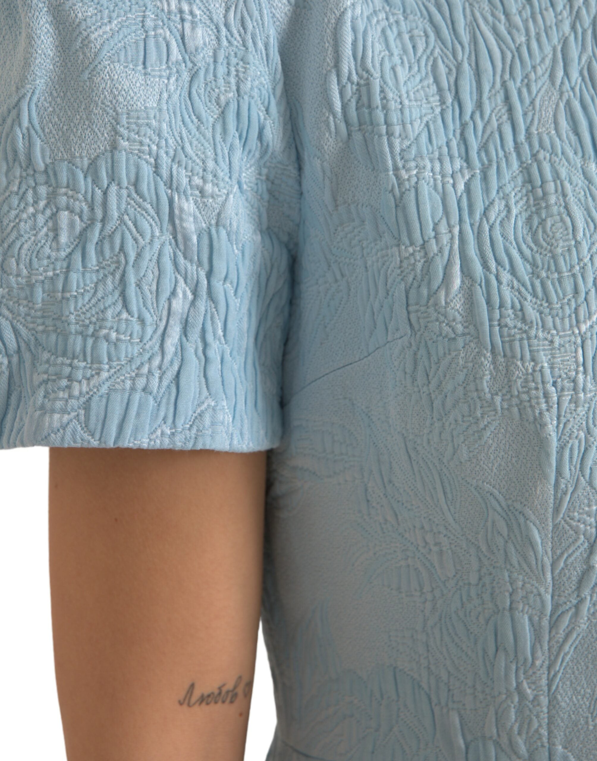 Light Blue Floral Jacquard Puff Sleeve Mini Dress - ventzia