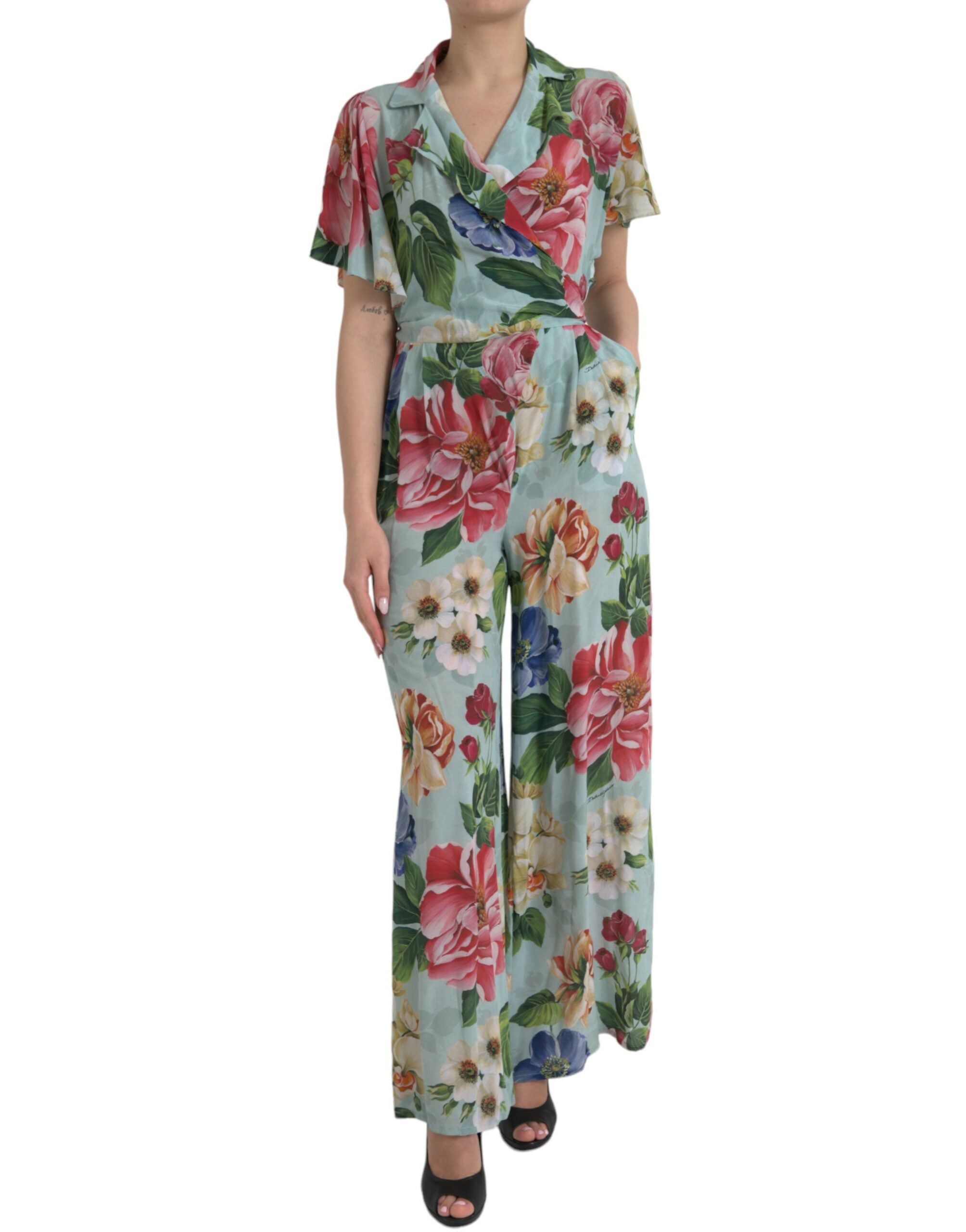Blue Floral Wide Leg Wrap Jumpsuit Dress - ventzia