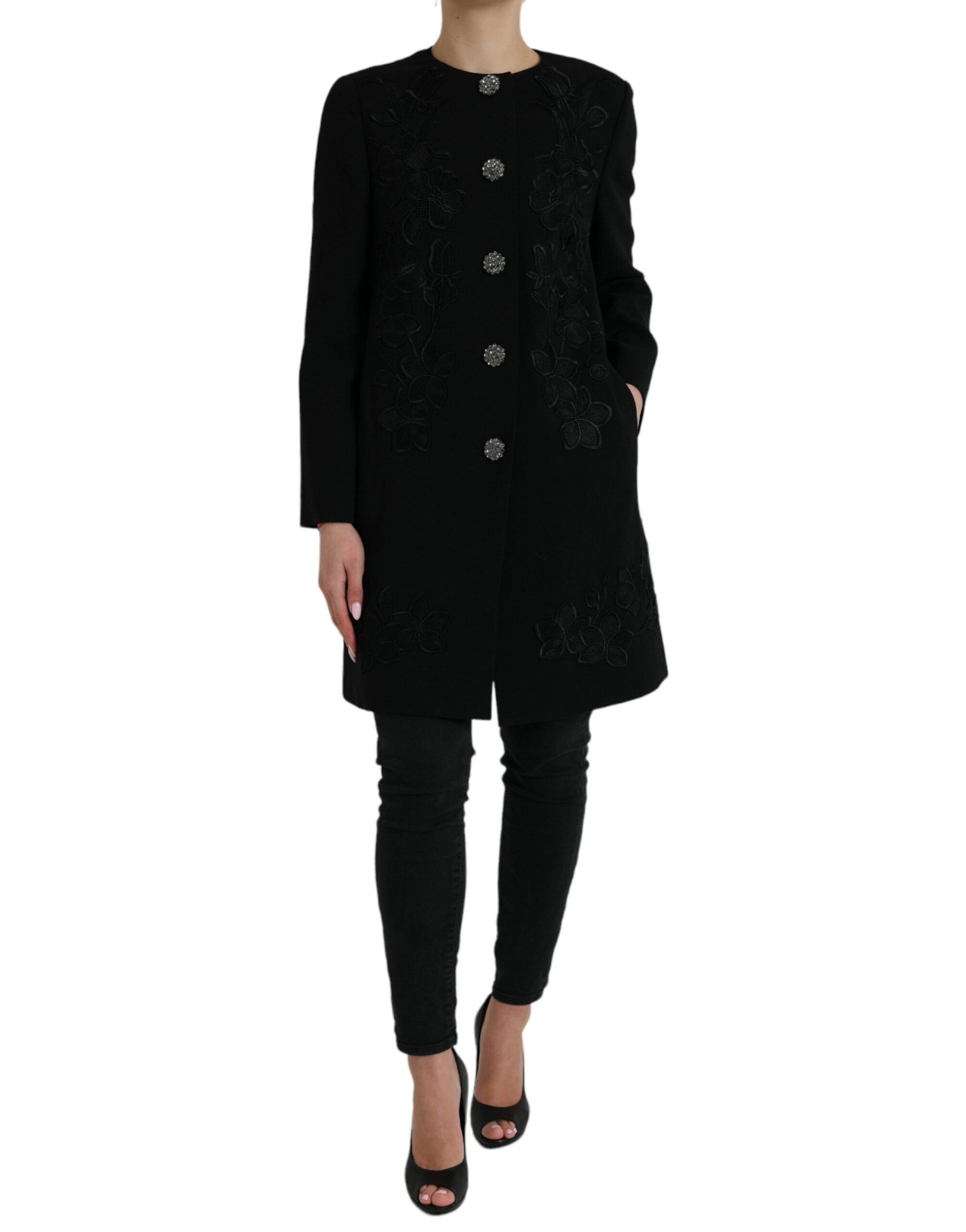 Black Floral Wool Button Embellished Jacket - ventzia