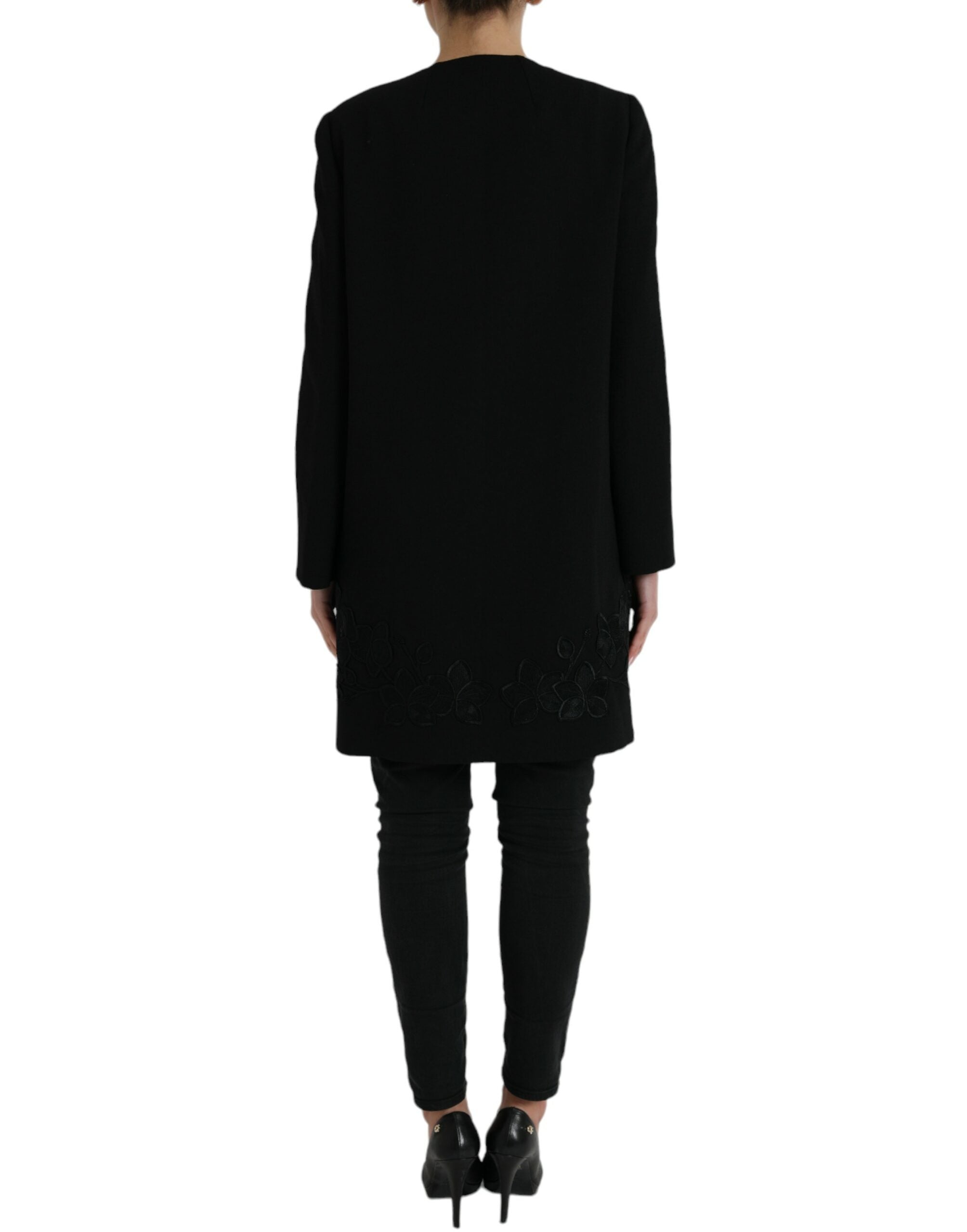 Black Floral Wool Button Embellished Jacket - ventzia