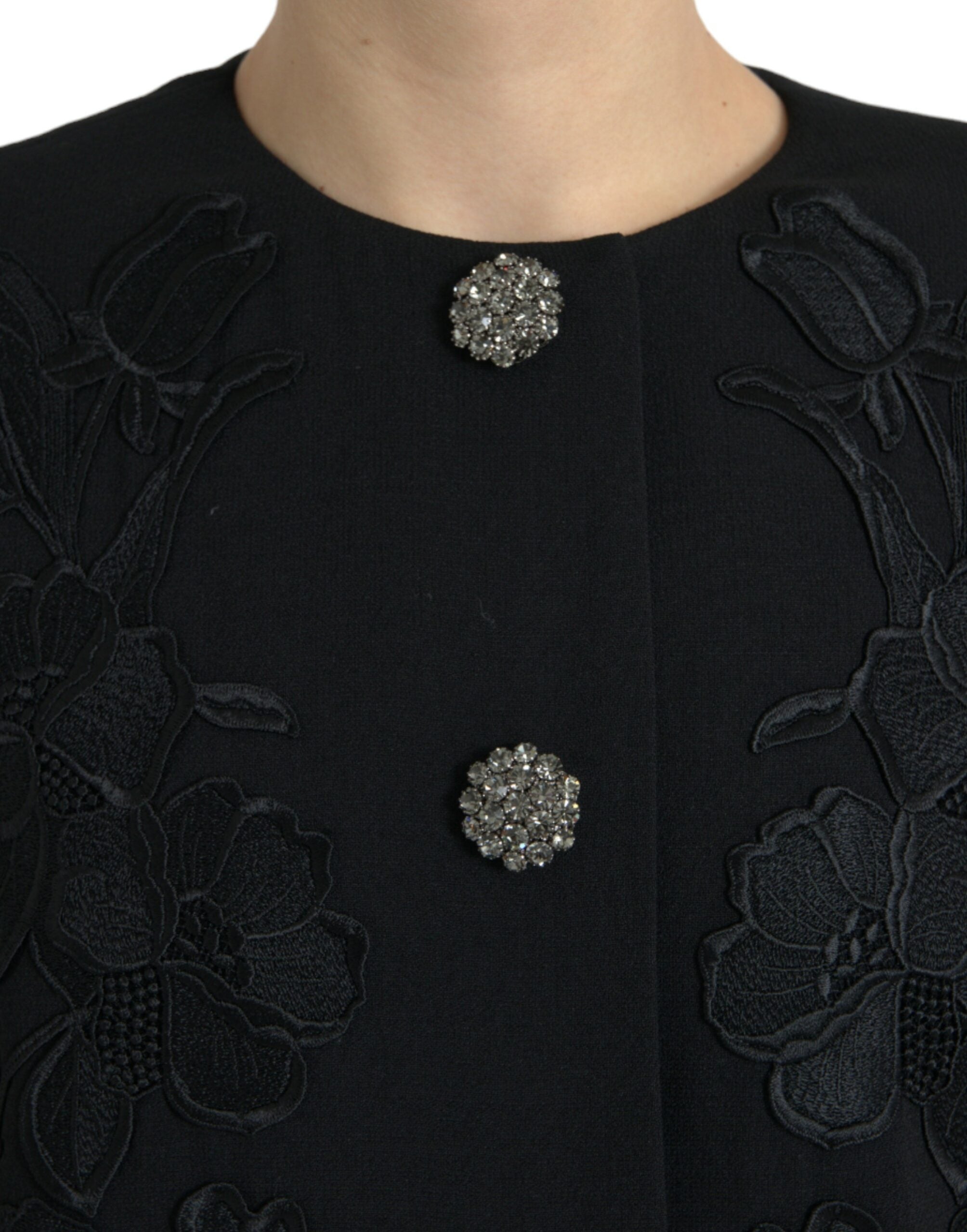 Black Floral Wool Button Embellished Jacket - ventzia