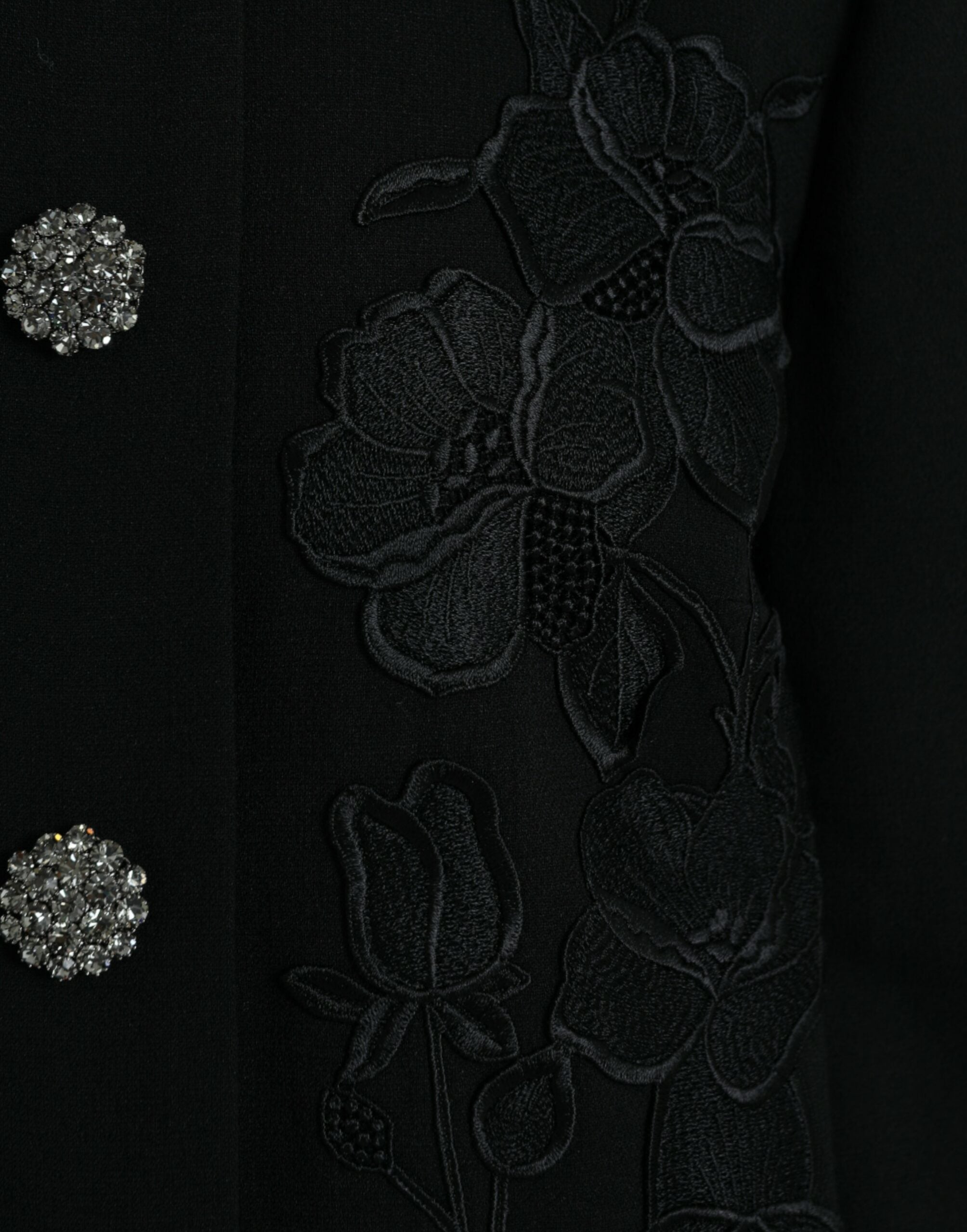 Black Floral Wool Button Embellished Jacket - ventzia