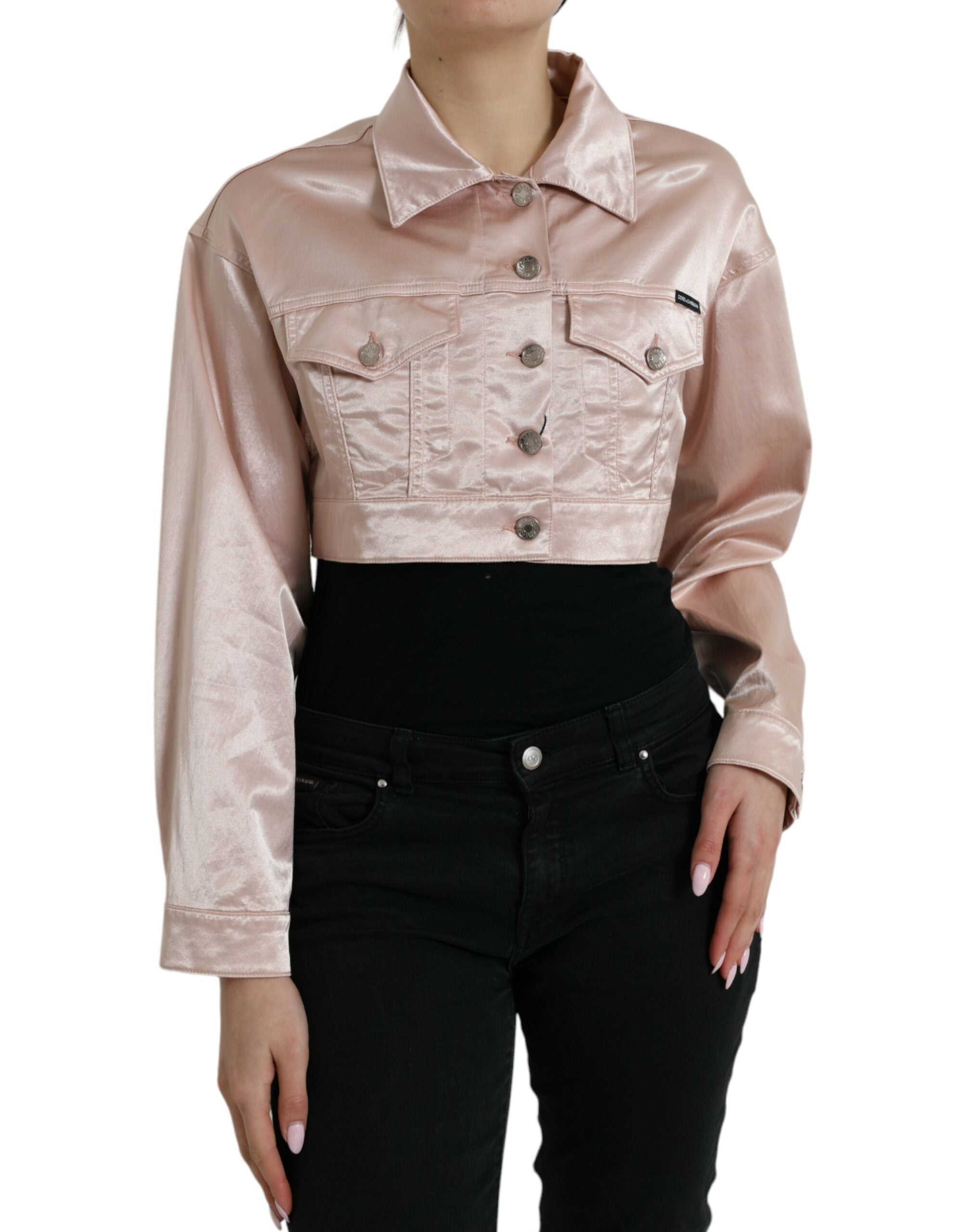 Pink Cotton Stretch Collared Cropped Jacket - ventzia