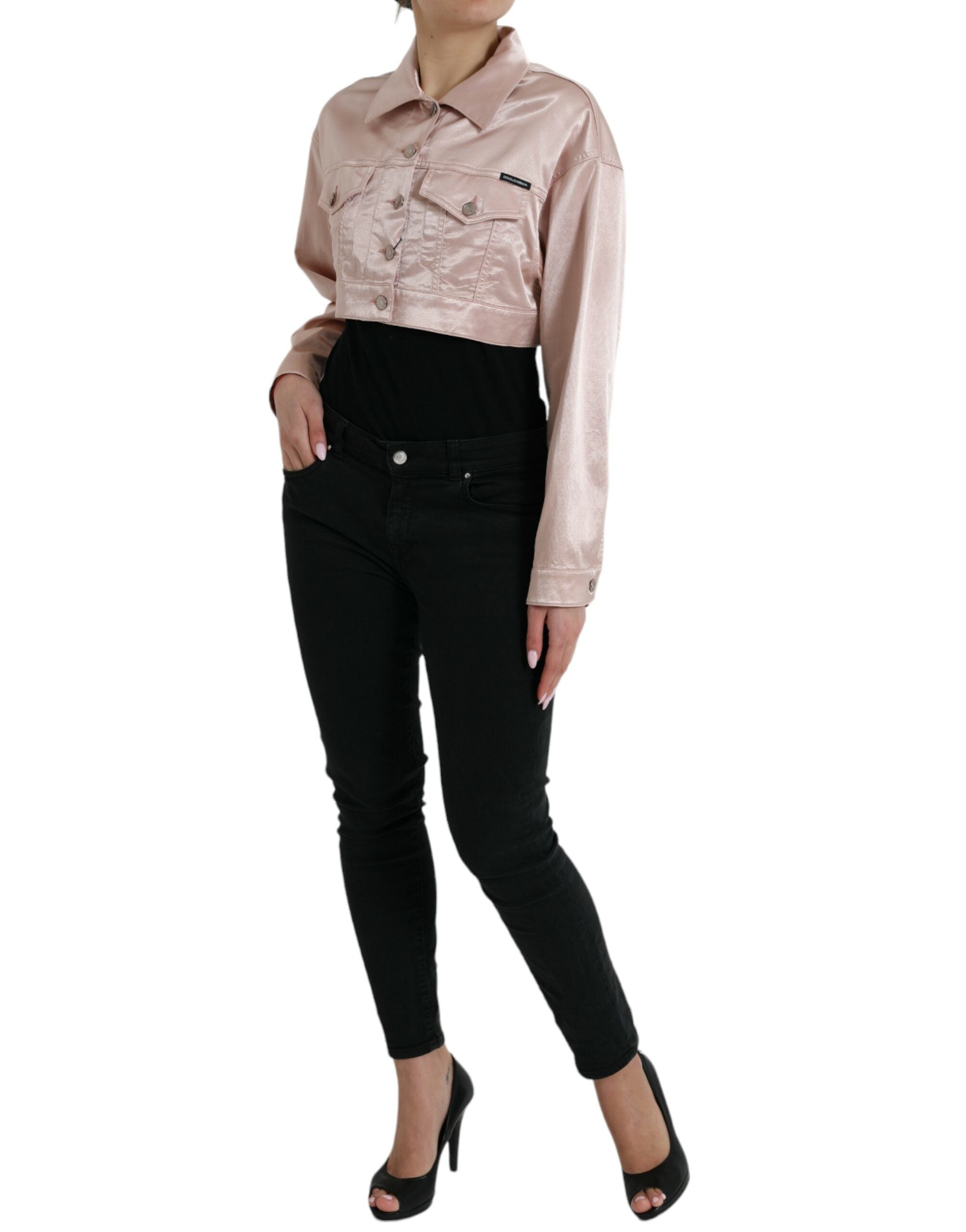 Pink Cotton Stretch Collared Cropped Jacket - ventzia