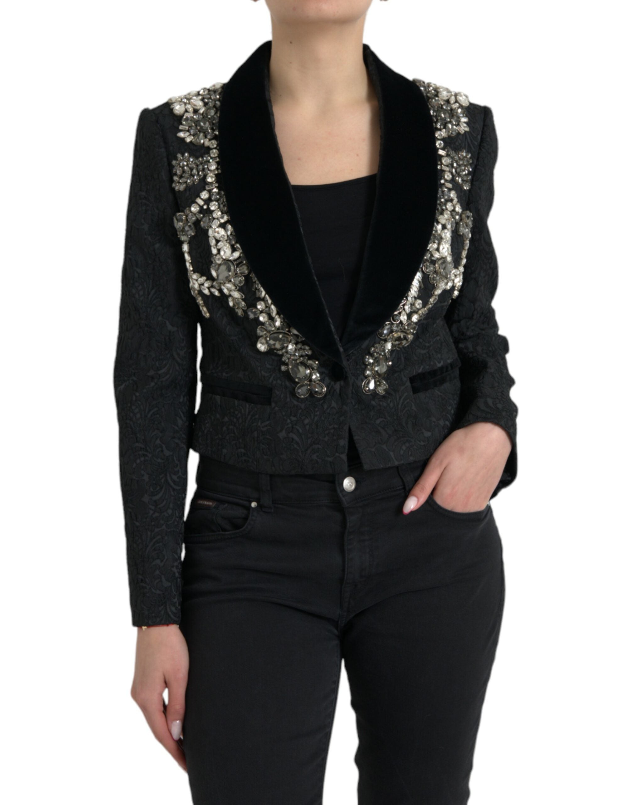 Black Crystal Embellished Overcoat Jacket - ventzia