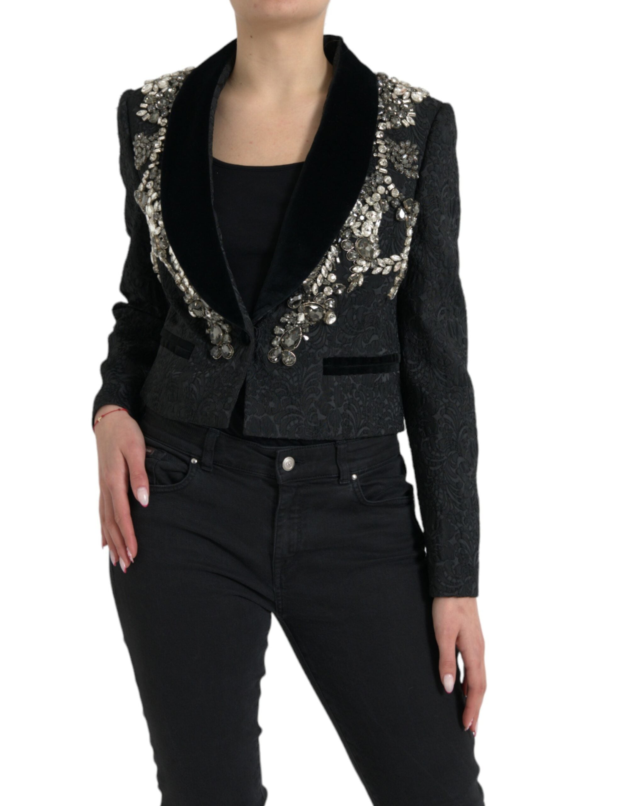Black Crystal Embellished Overcoat Jacket - ventzia