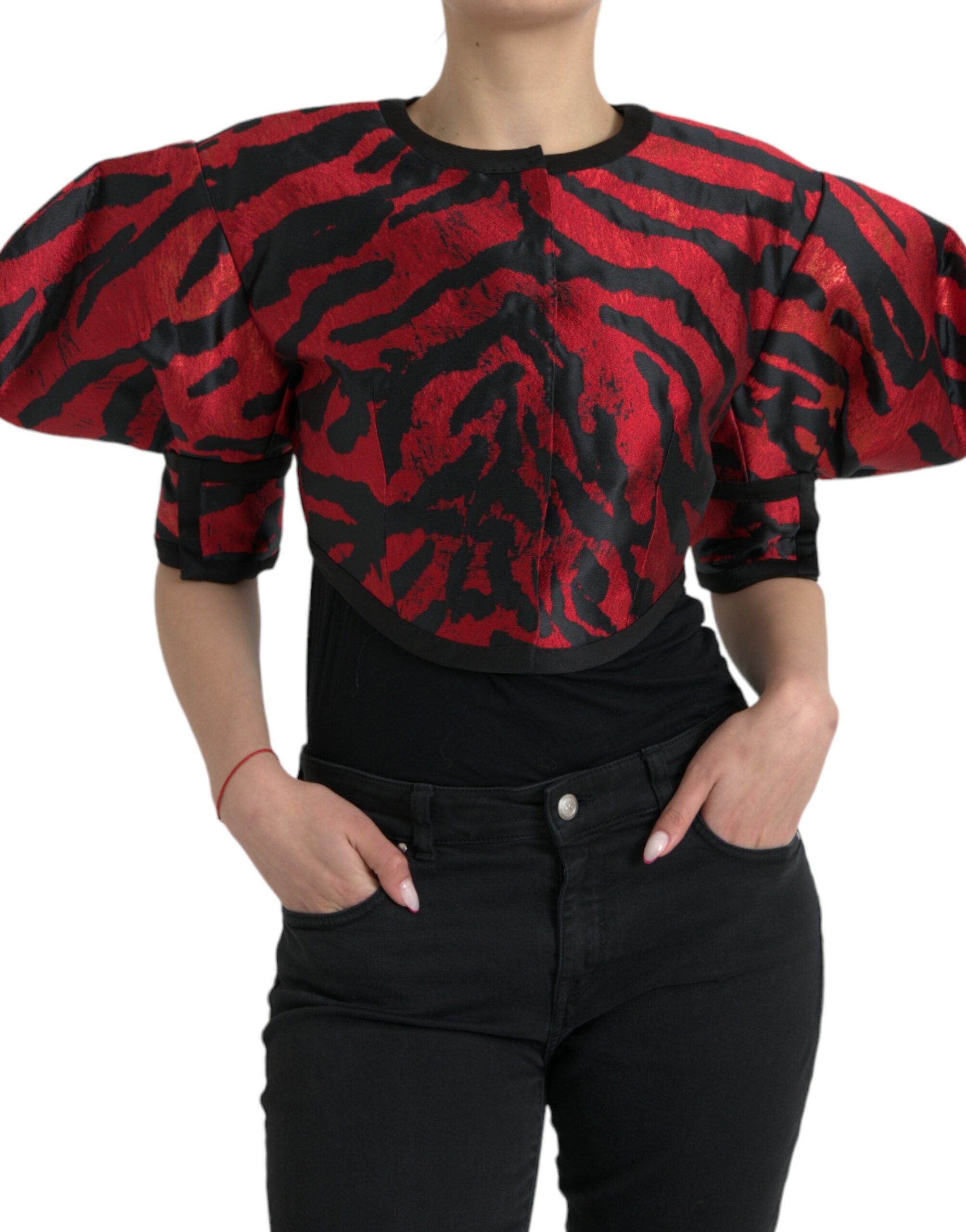 Black Red Patterned Cropped Coat Jacket - ventzia