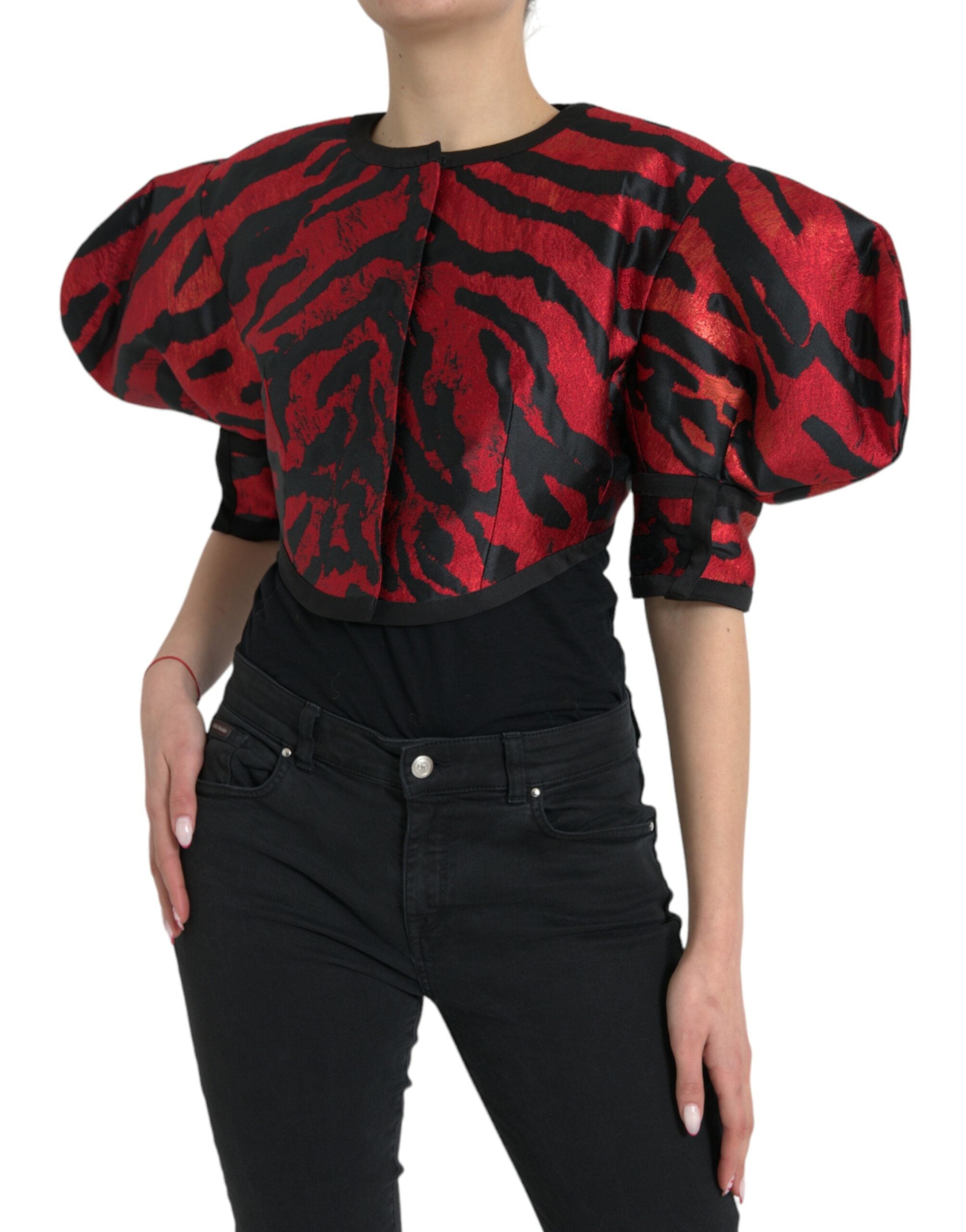 Black Red Patterned Cropped Coat Jacket - ventzia