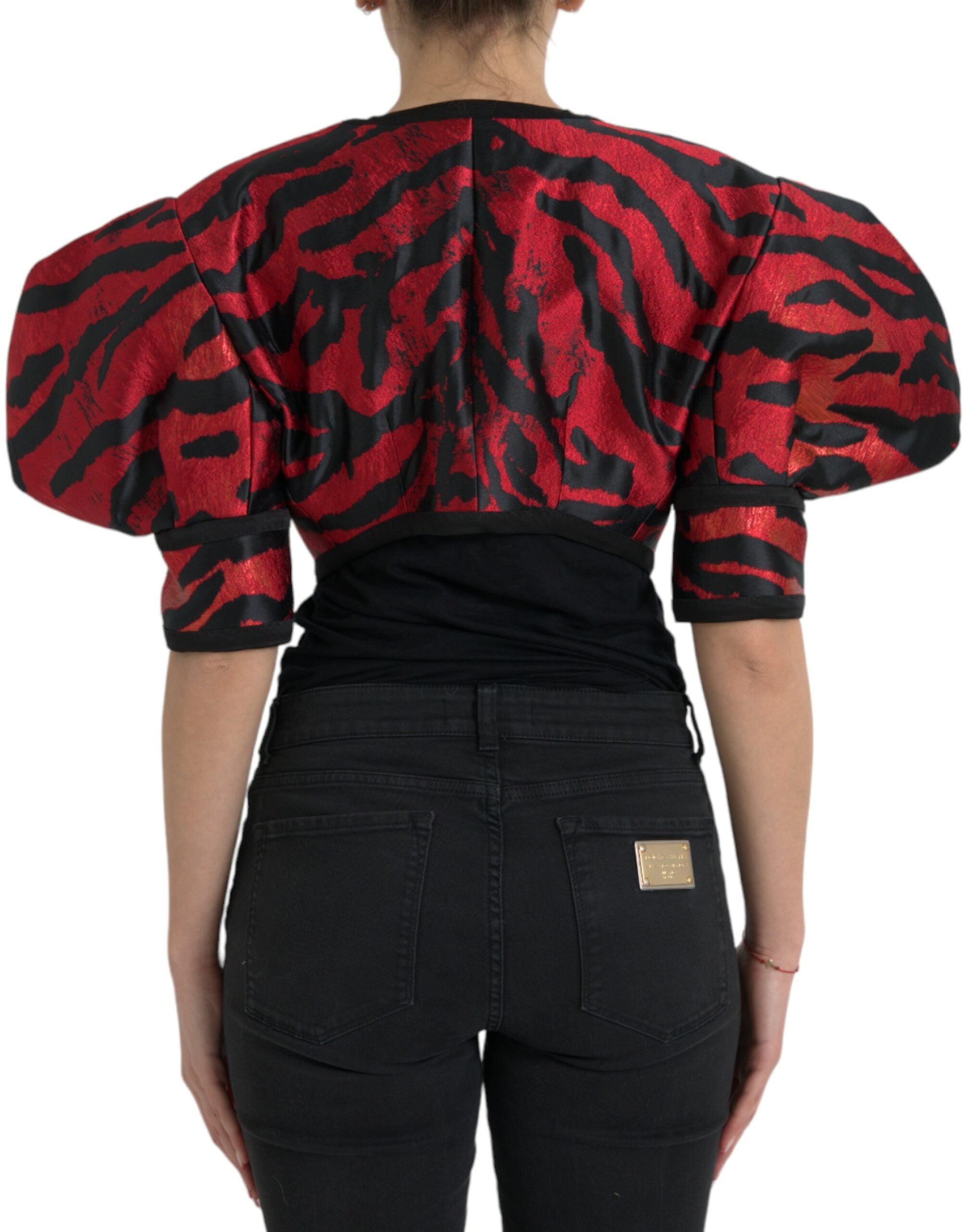 Black Red Patterned Cropped Coat Jacket - ventzia