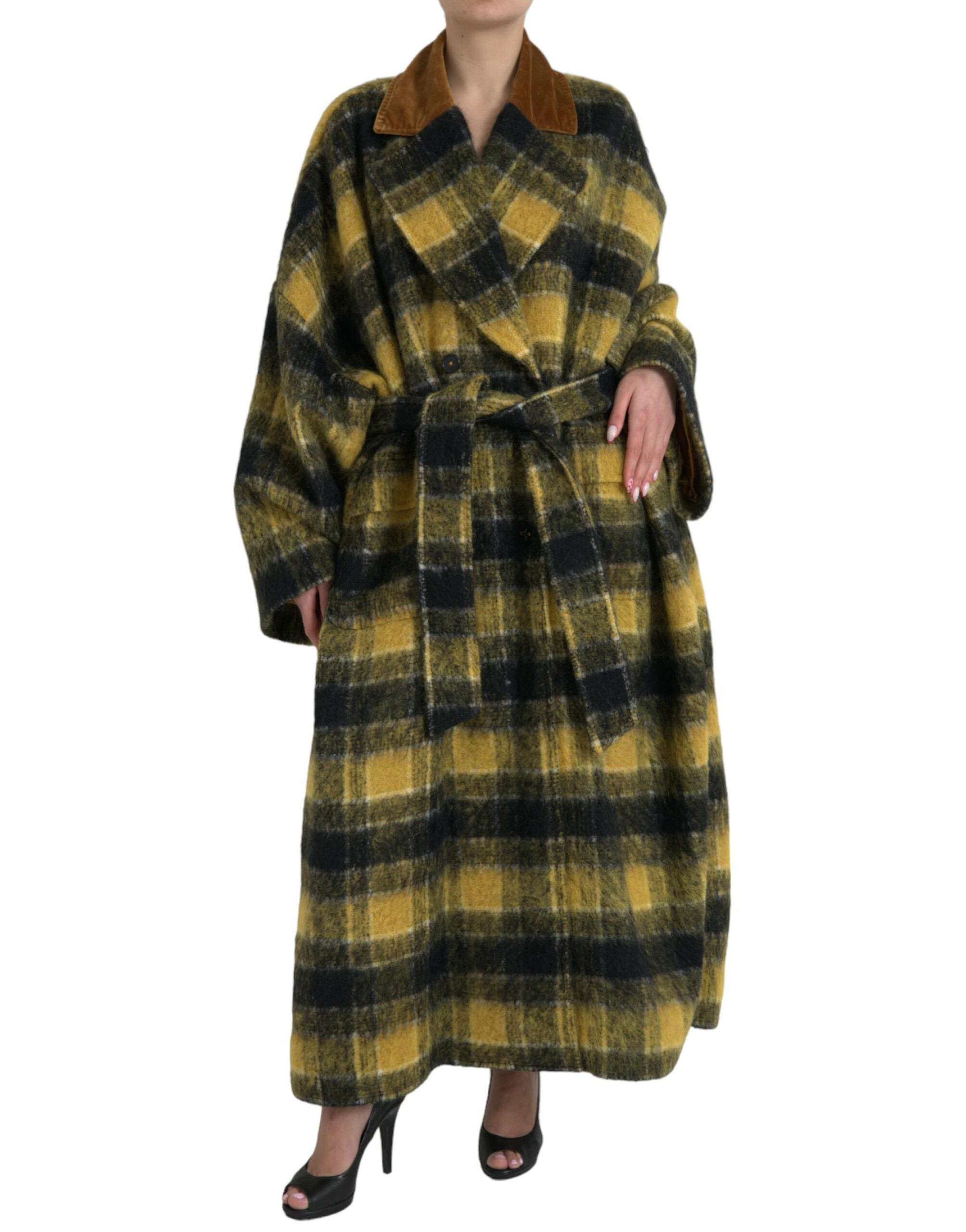 Yellow Checkered Long Sleeve Coat Jacket - ventzia