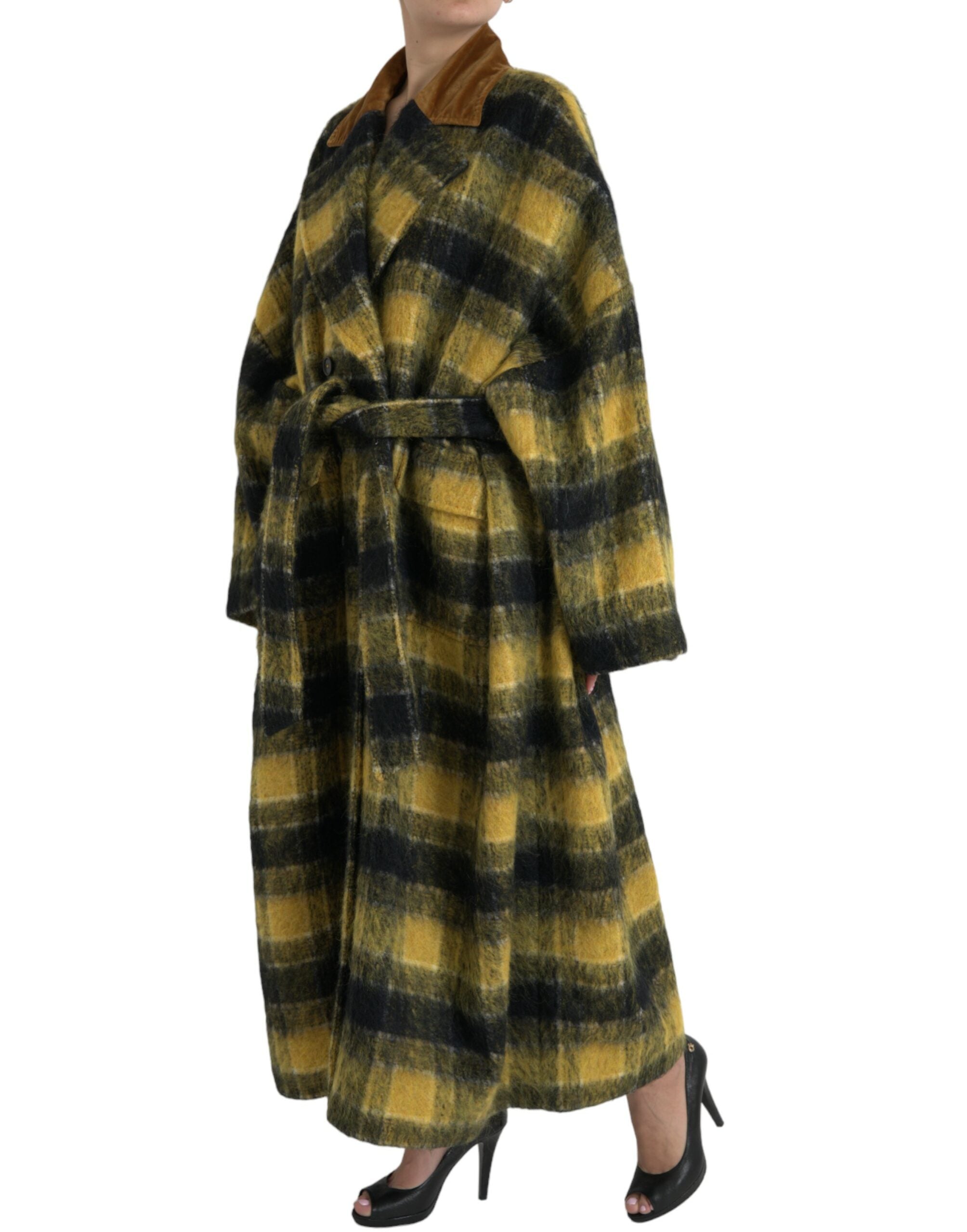 Yellow Checkered Long Sleeve Coat Jacket - ventzia