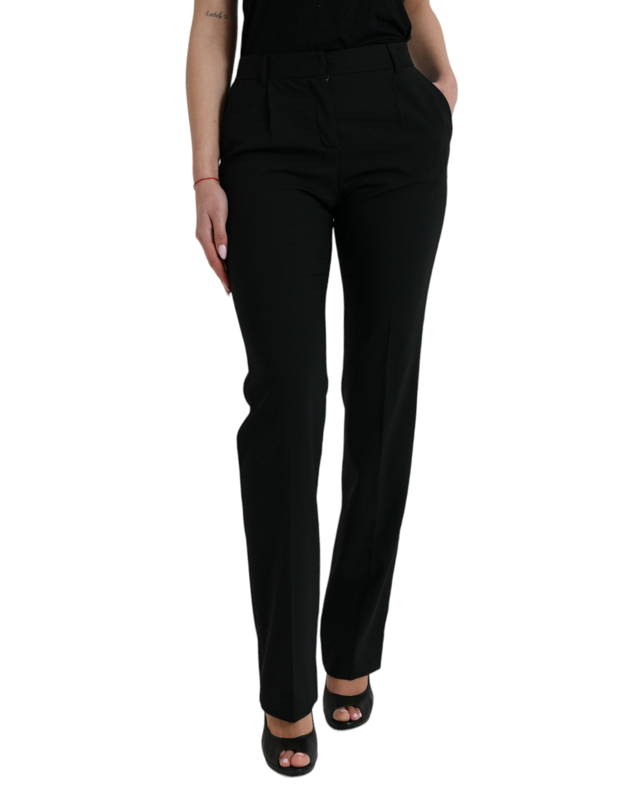Black Wool Mid Waist Tapered Pants - ventzia