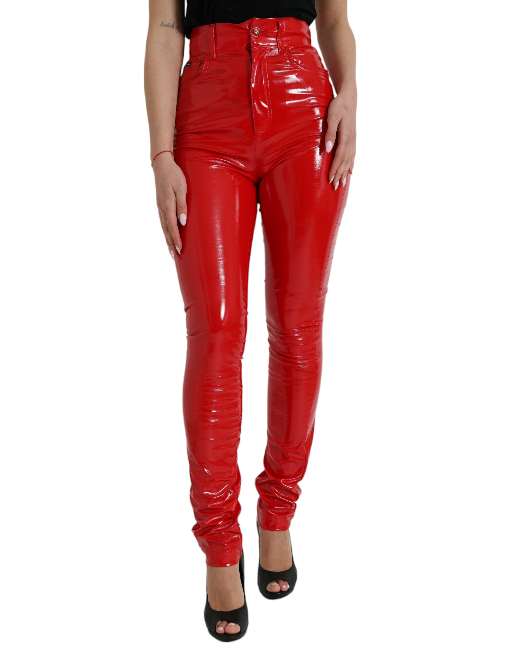 Shiny Red High Waist Skinny Pants - ventzia