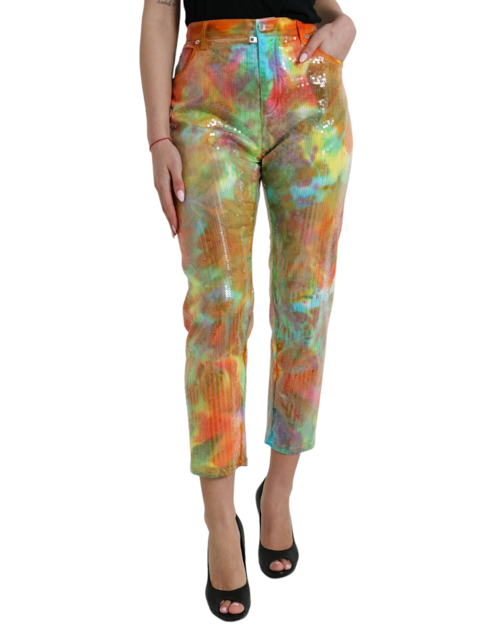 Multicolor Tie Dye Sequined High Waist Cropped Pants - ventzia