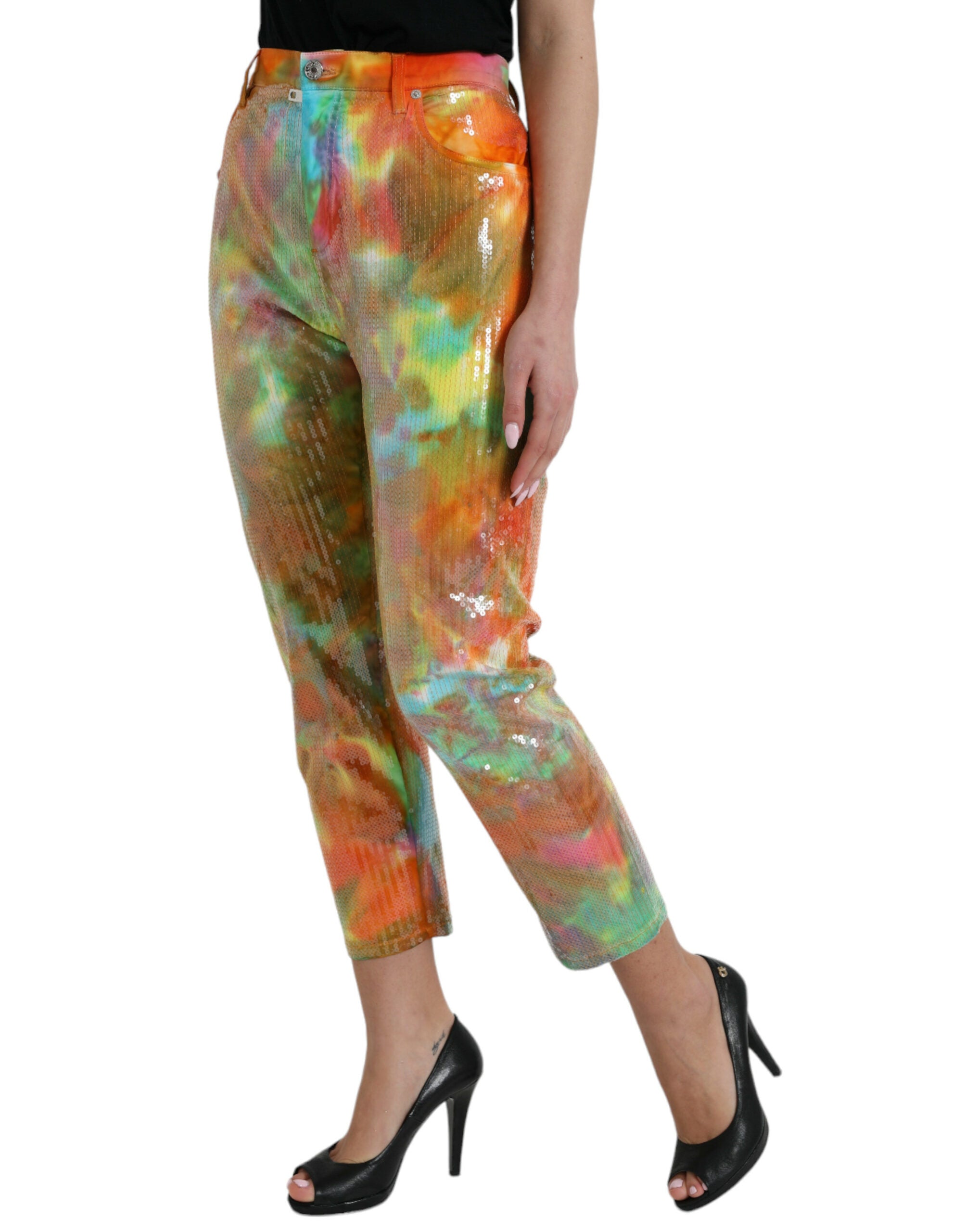 Multicolor Tie Dye Sequined High Waist Cropped Pants - ventzia
