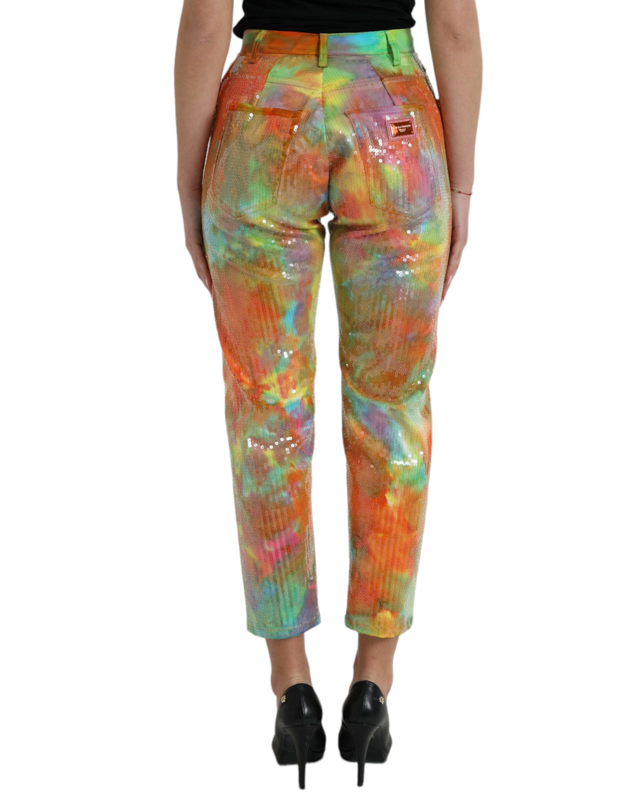 Multicolor Tie Dye Sequined High Waist Cropped Pants - ventzia