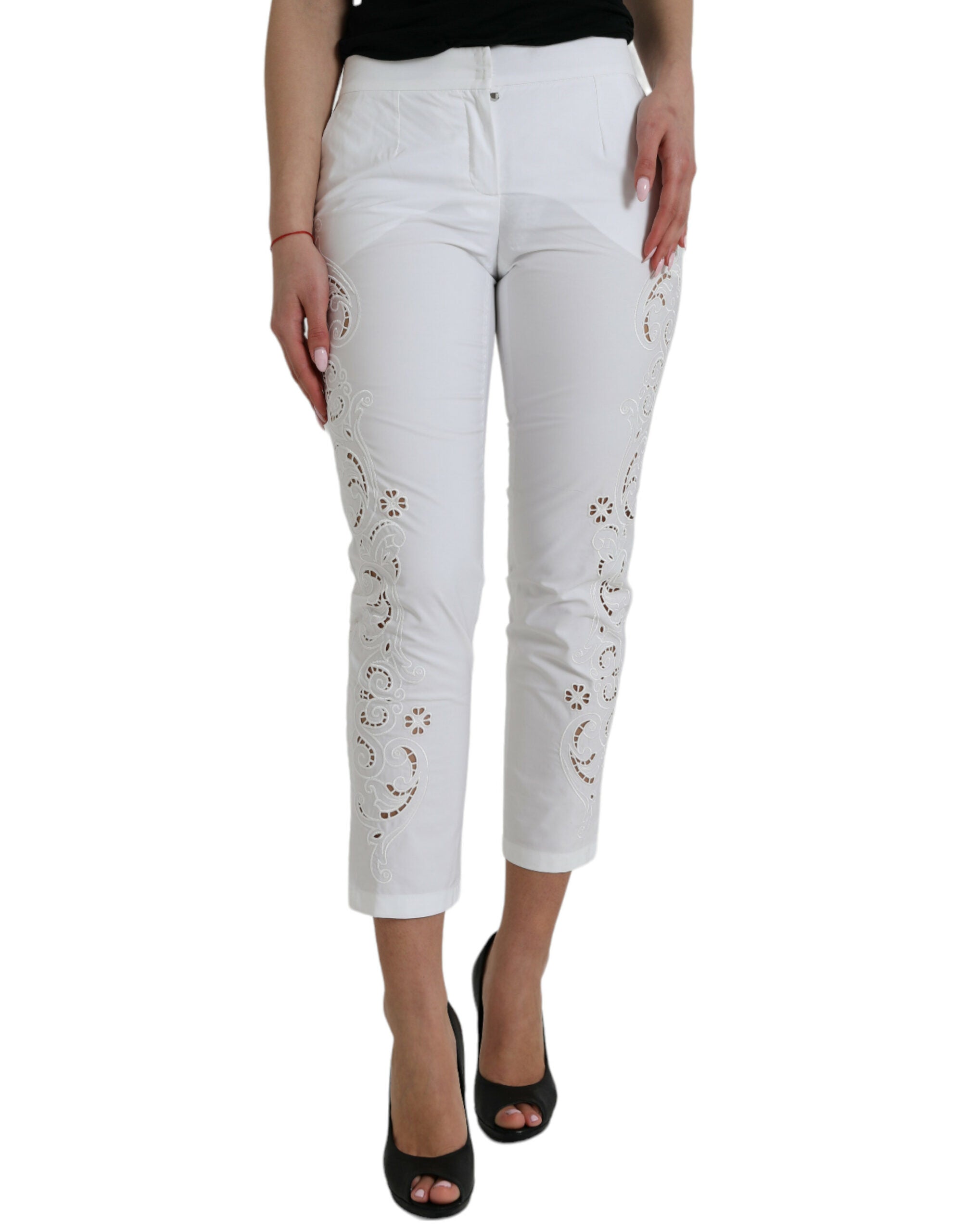 White Cut Out Cotton Mid Waist Cropped Pants - ventzia