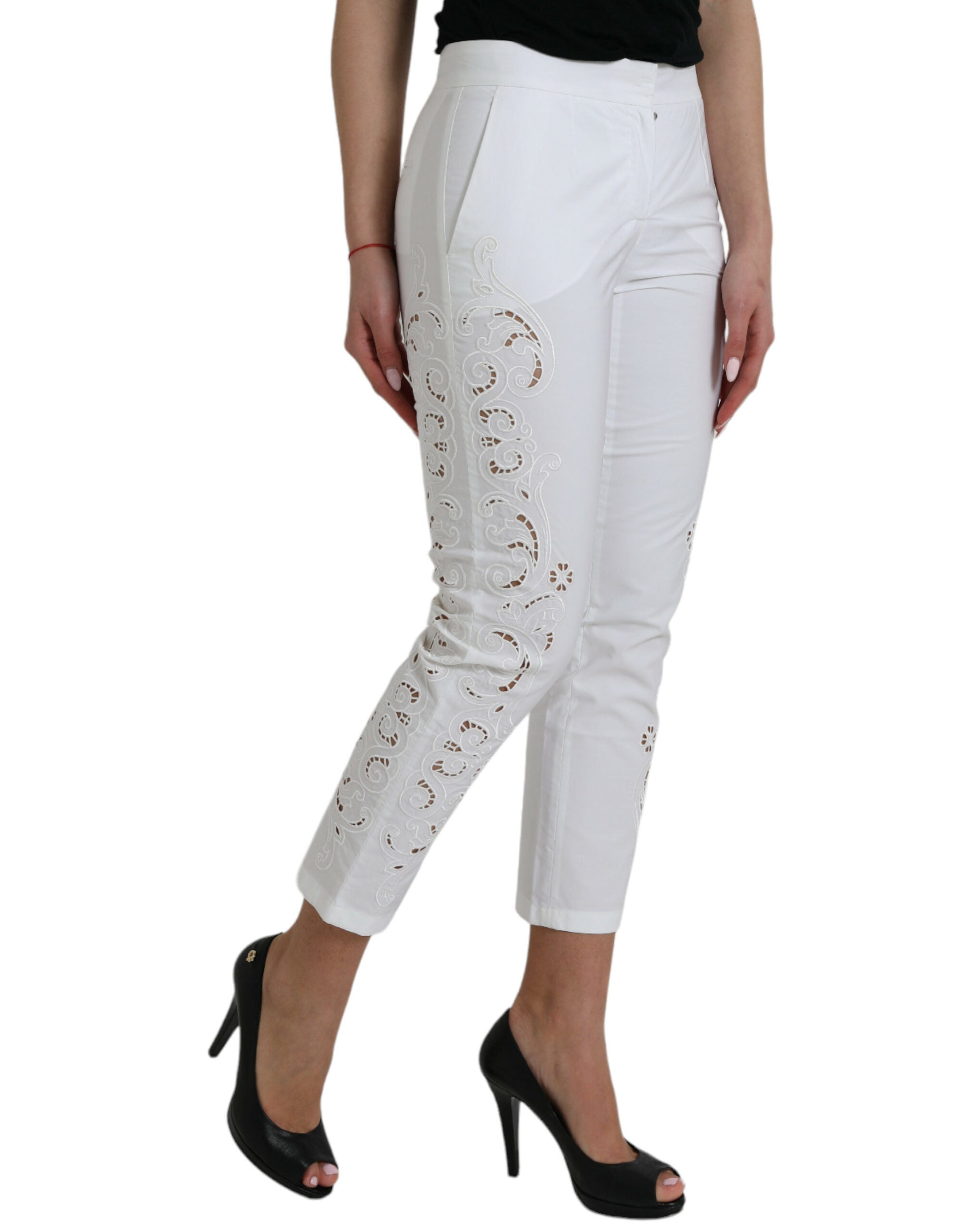 White Cut Out Cotton Mid Waist Cropped Pants - ventzia